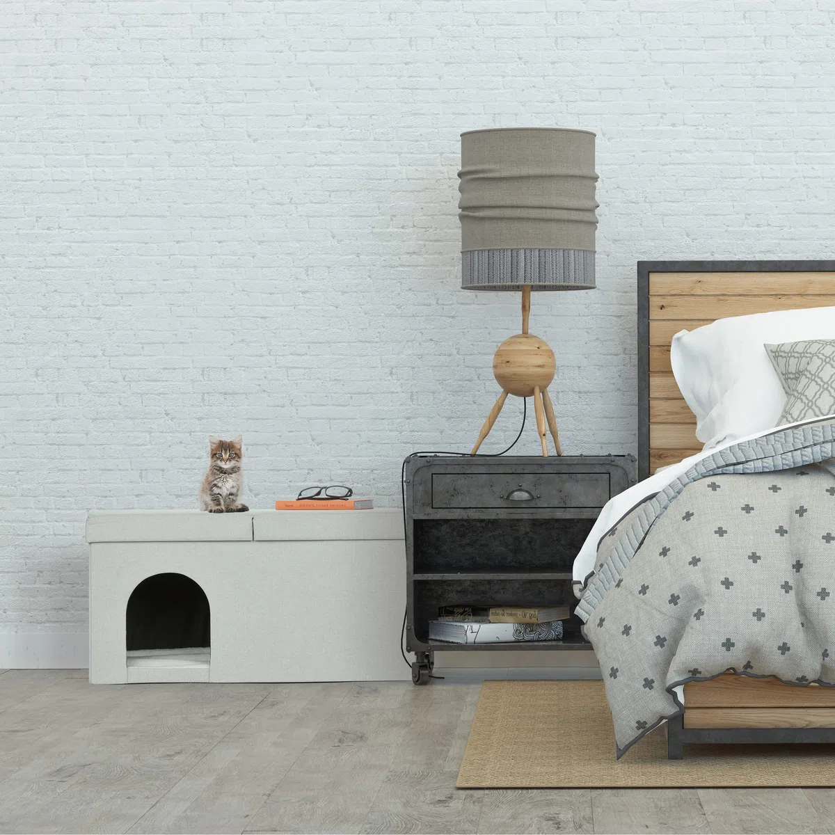 Relaxdays Casa Gato con Banco Rectangular, Cueva Gatito Plegable, Escondite Perro, Robusta, MDF, 38,5x74,5x37 cm, Beige