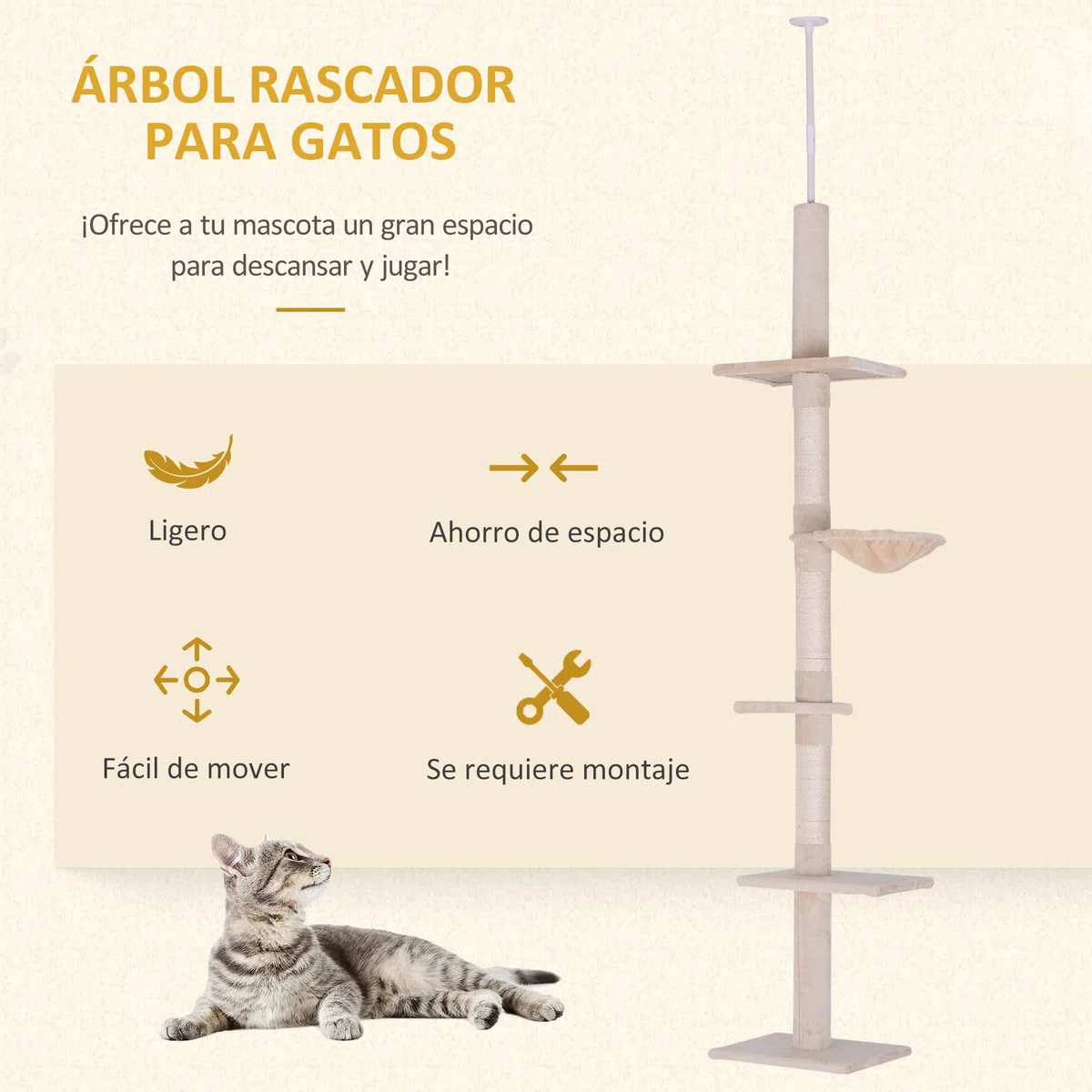 PawHut Árbol para gatos Torre Rascador de Gato de 5 Niveles Fijado al Techo Ajustable en Altura con Múltiples Plataformas Cubierta de Felpa Suave 40x34x230-260 cm Beige