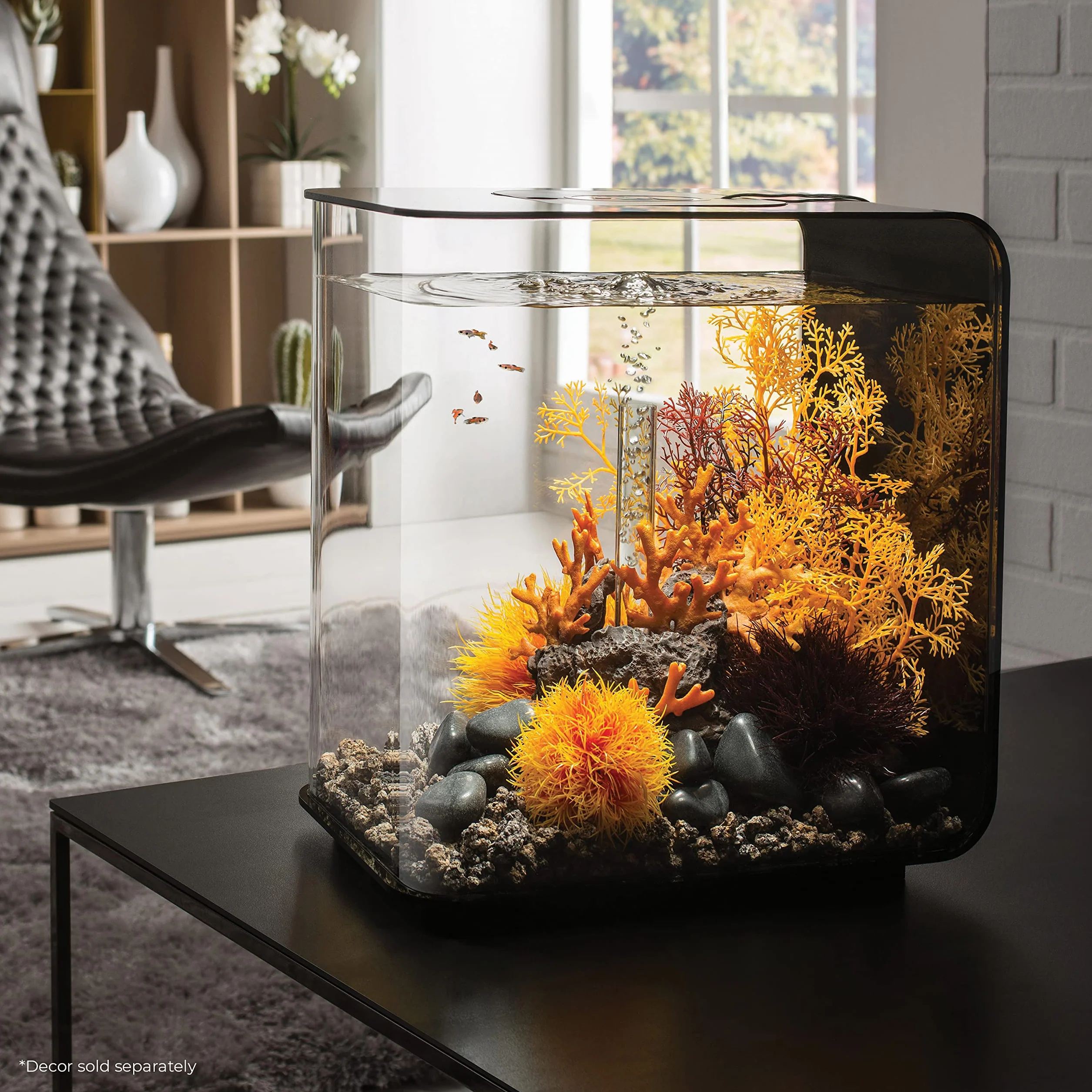 biOrb 72033 FLOW 30 LED, negro - acuario de diseño elegante | set completo con sistema de filtrado, iluminación LED, grava de fondo y difusor de aire de resistente cristal acrílico.