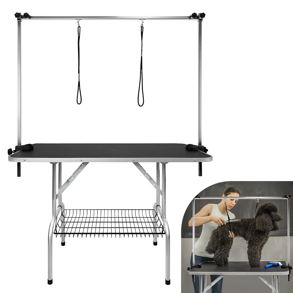 Aufun Camilla para perros, 113x60x76 cm Camilla para perros estable con horca regulable en altura y 2 bucles,plegable,mesa de baño para perros,peluquería canina,hasta 100 kg