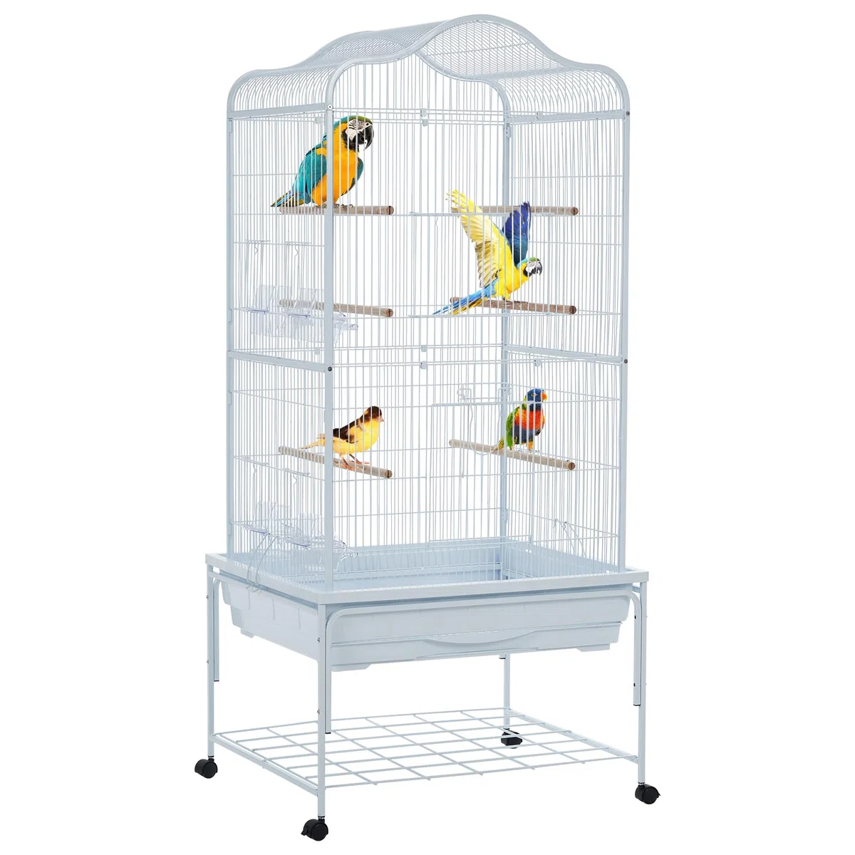 GarveeHome Jaula Extensa para Pájaros De Hierro Forjado con Ruedas 360° – Grande para Loros, Periquitos y Cotorras – Interior y Exterior con Bandeja Extraíble, Blanco