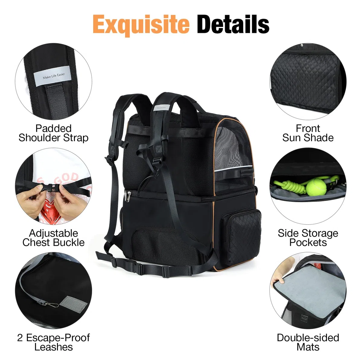 Mochila Gatos de Doble Capa para 2 Gatos | Mochila Grande para Perros,Mochila Transportin Gato para Mascotas Plegable - para Perros y Gatos de hasta 11 kg - Negro