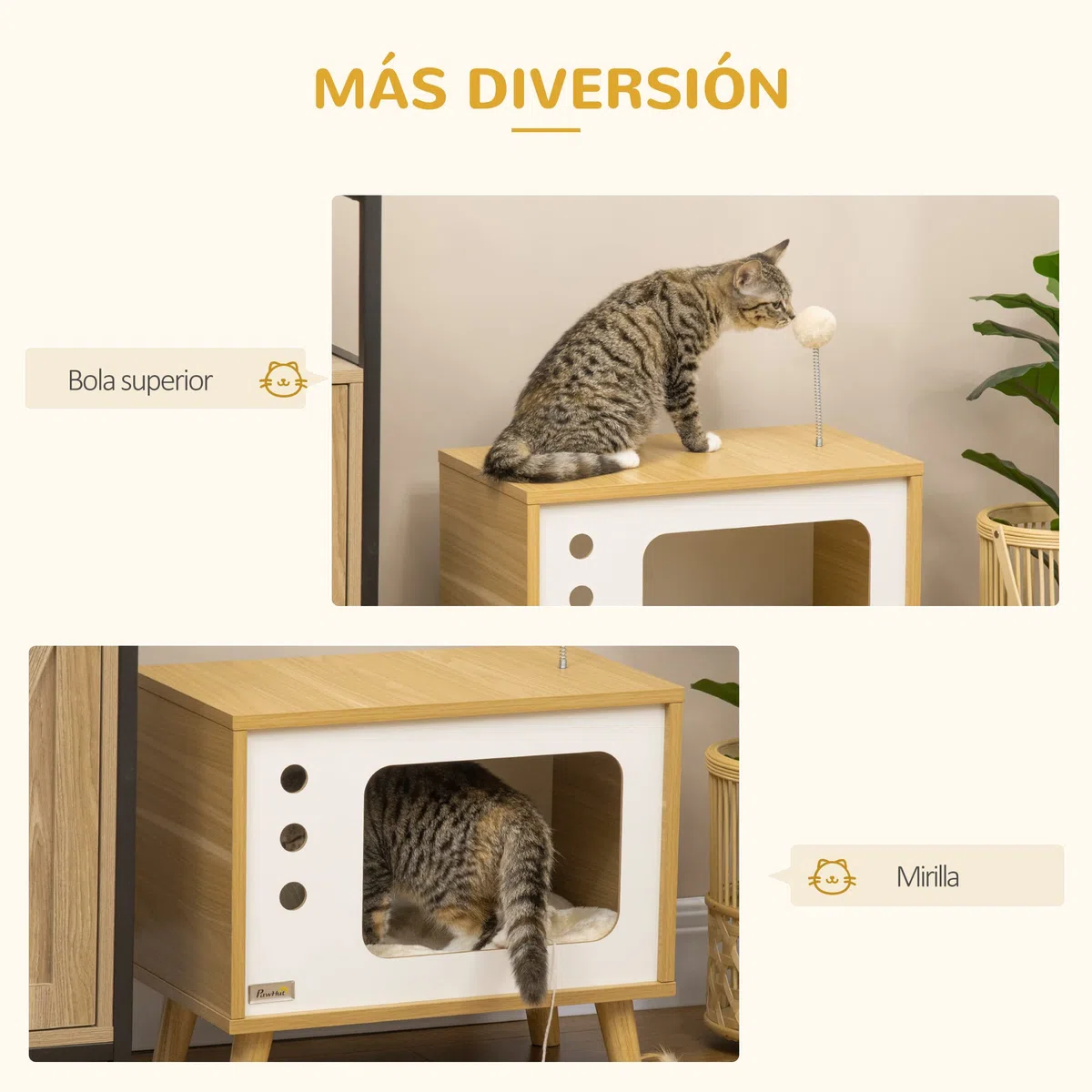 Pawhut Cama Cueva de Gatos Estilo Televisor Casa para Gatos con Cojín Suave Lavable Bola Divertida y Patas Elevadas 50x28x43 cm Roble