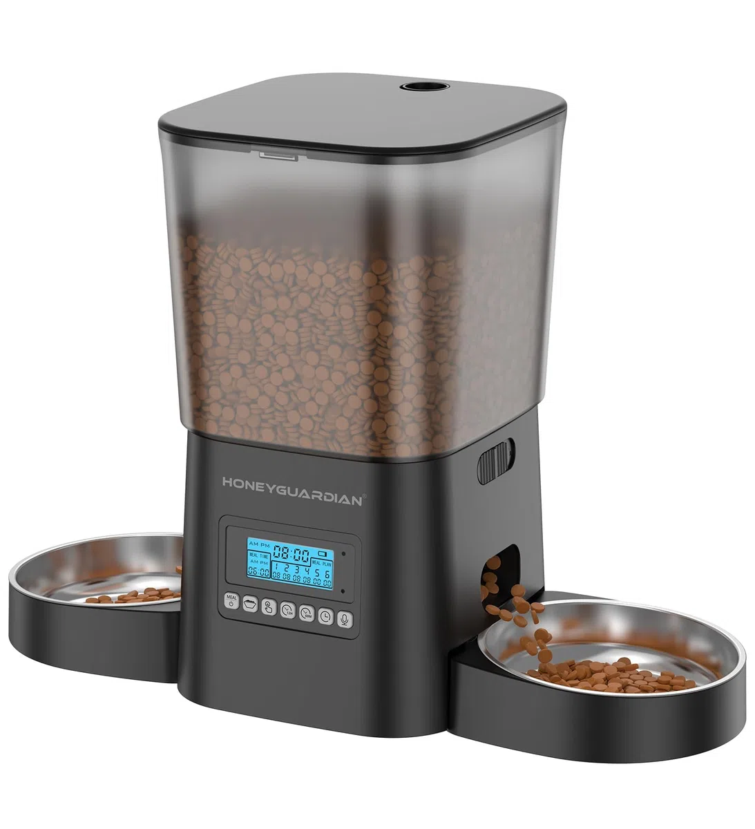 HoneyGuaridan Comedero Gato Automatico 2 tazones, Dispensador Comida para 2 Gatos y Perros con Temporizador, Alimentador Automatico Gatos Grabadora de Voz, 1-6 Comidas/día