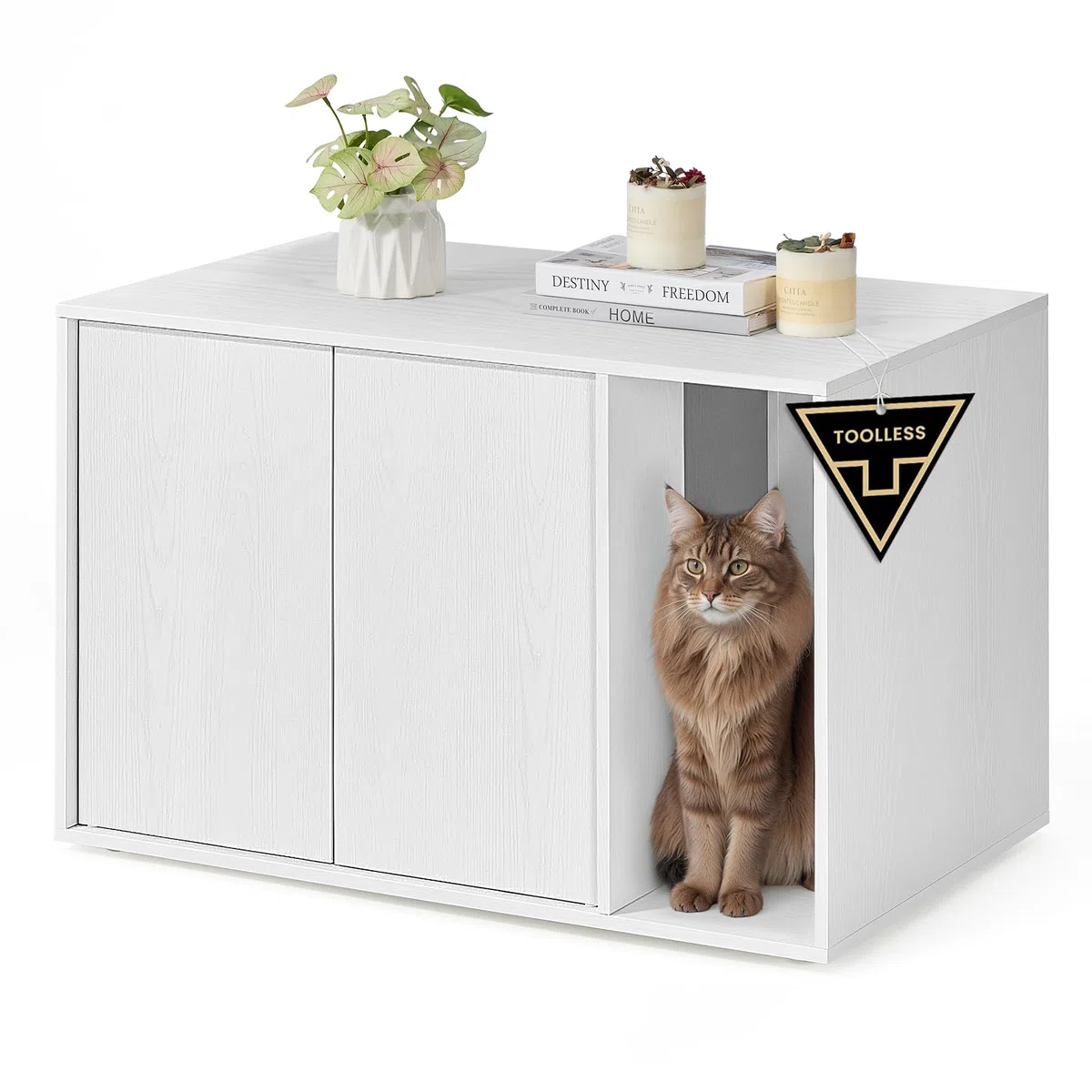 SONGMICS Home Caja Arenero, Montaje Súper Rápido Sin Herramientas Toolless, Casa Grande para Gatos con Puerta con Apertura a Presión, Minimalista, Blanco Nieve PCL013W01