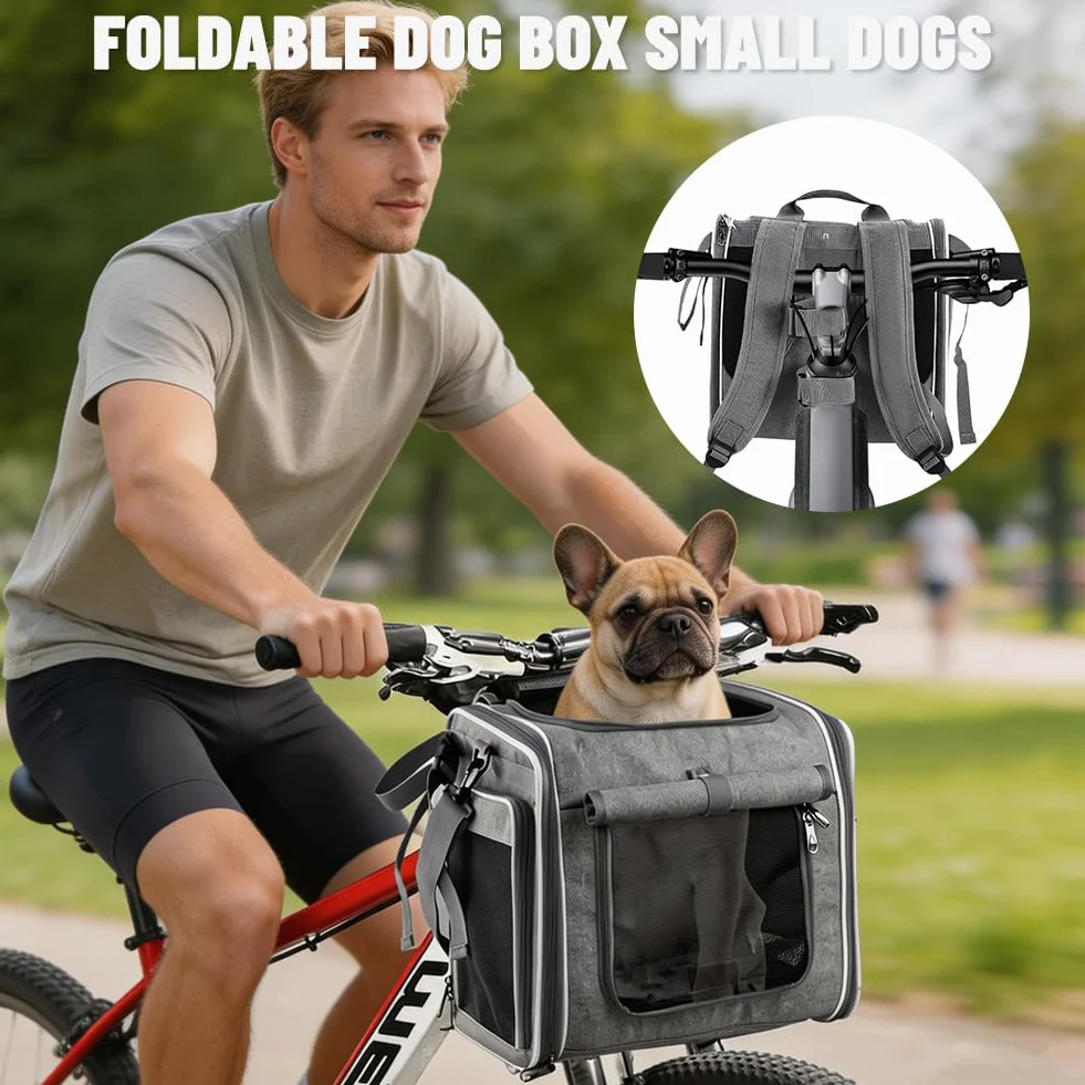 Cesta delantera para bicicleta para perros, 4 en 1, ampliable cesta para perros para bicicleta de hasta 10 kg, cesta para bicicleta, mochila y bolsa de transporte con 4 ventanas de malla, cinturón de