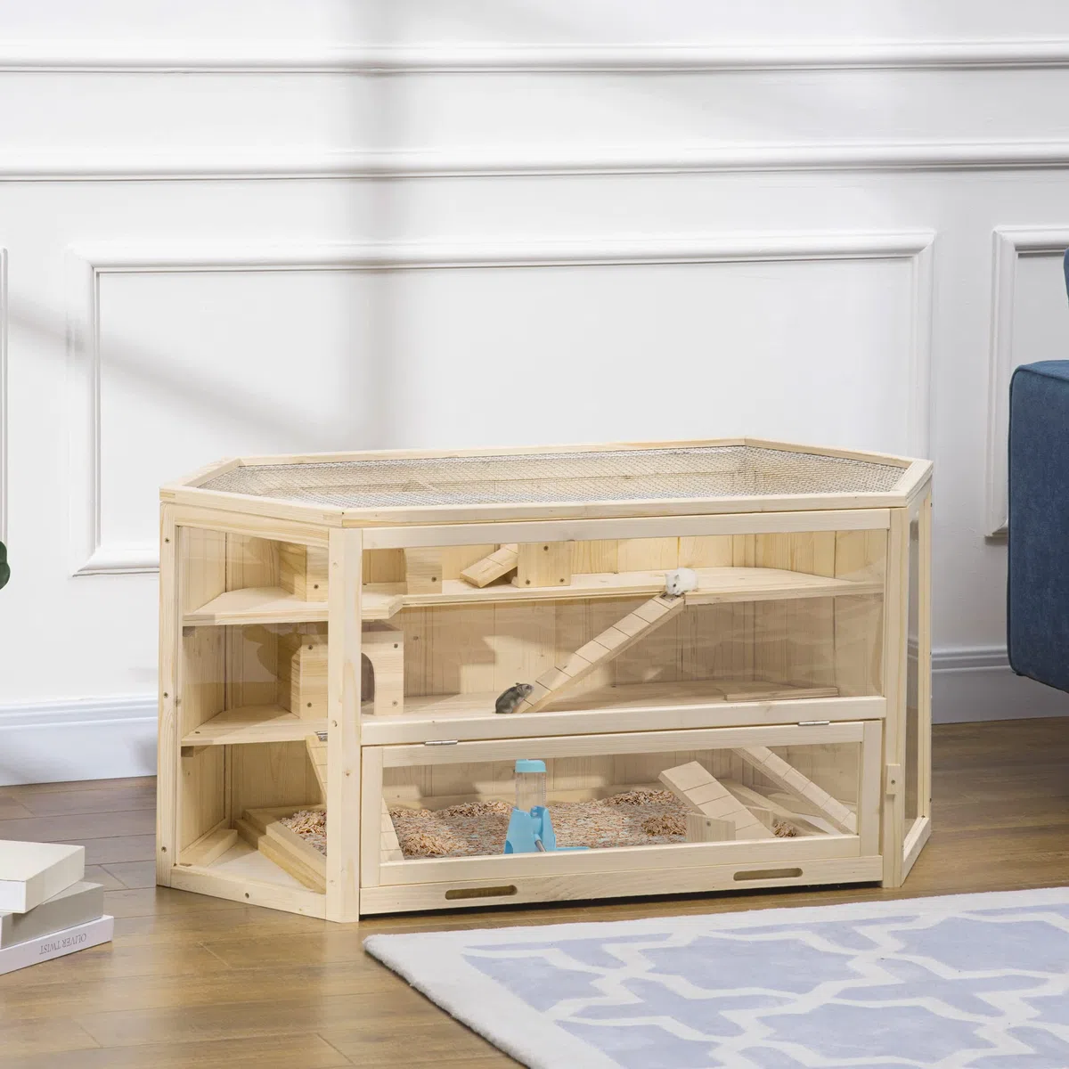 PawHut Jaula de Madera para Hámster 115x60x55 cm Casa para Roedores con 3 Niveles Techo Abatible Bandeja Extraíble Bebedero y 3 Rampas Natural
