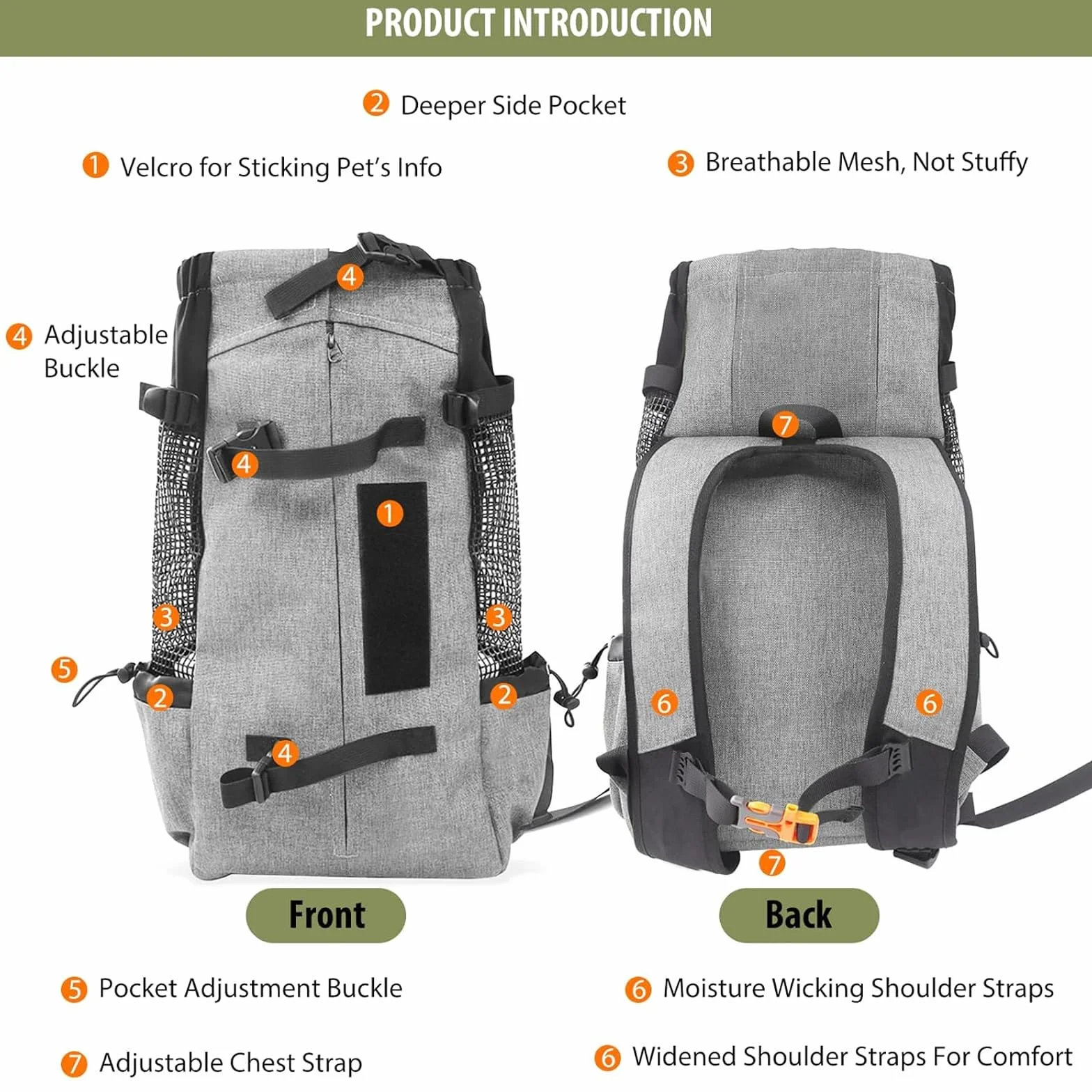PETCUTE Mochila para Perros Bolsa Transportin Gato Perro Grandes Transpirable Bolsa Portaperro para Caminatas Portátil Viaje hasta 16,5kg Gris