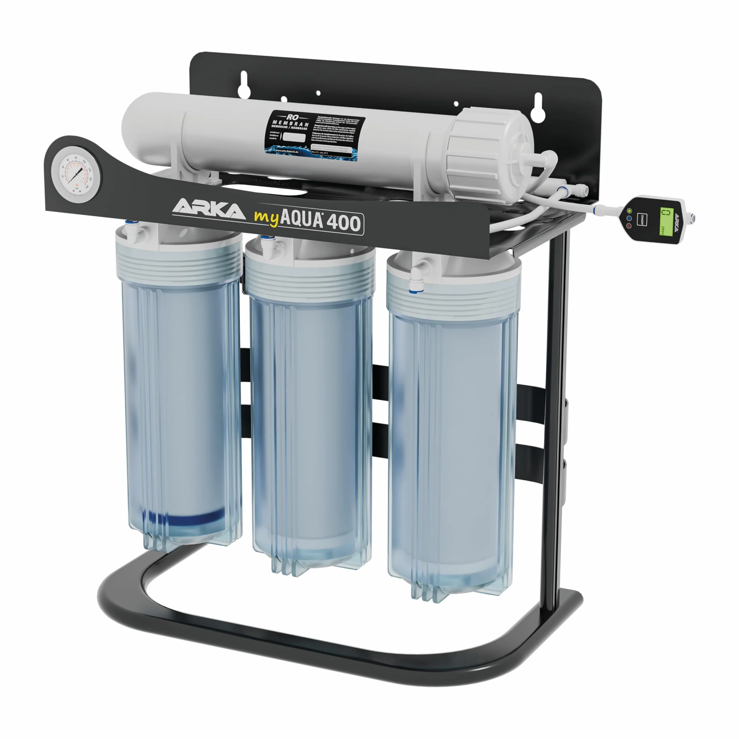 Sistema de ósmosis inversa ARKA myAQUA 400 – hasta 400 l/día con bomba de presión – elimina 99 % de sales y contaminantes – agua pura para acuarios y hogar – kit completo con TDS y manómetro