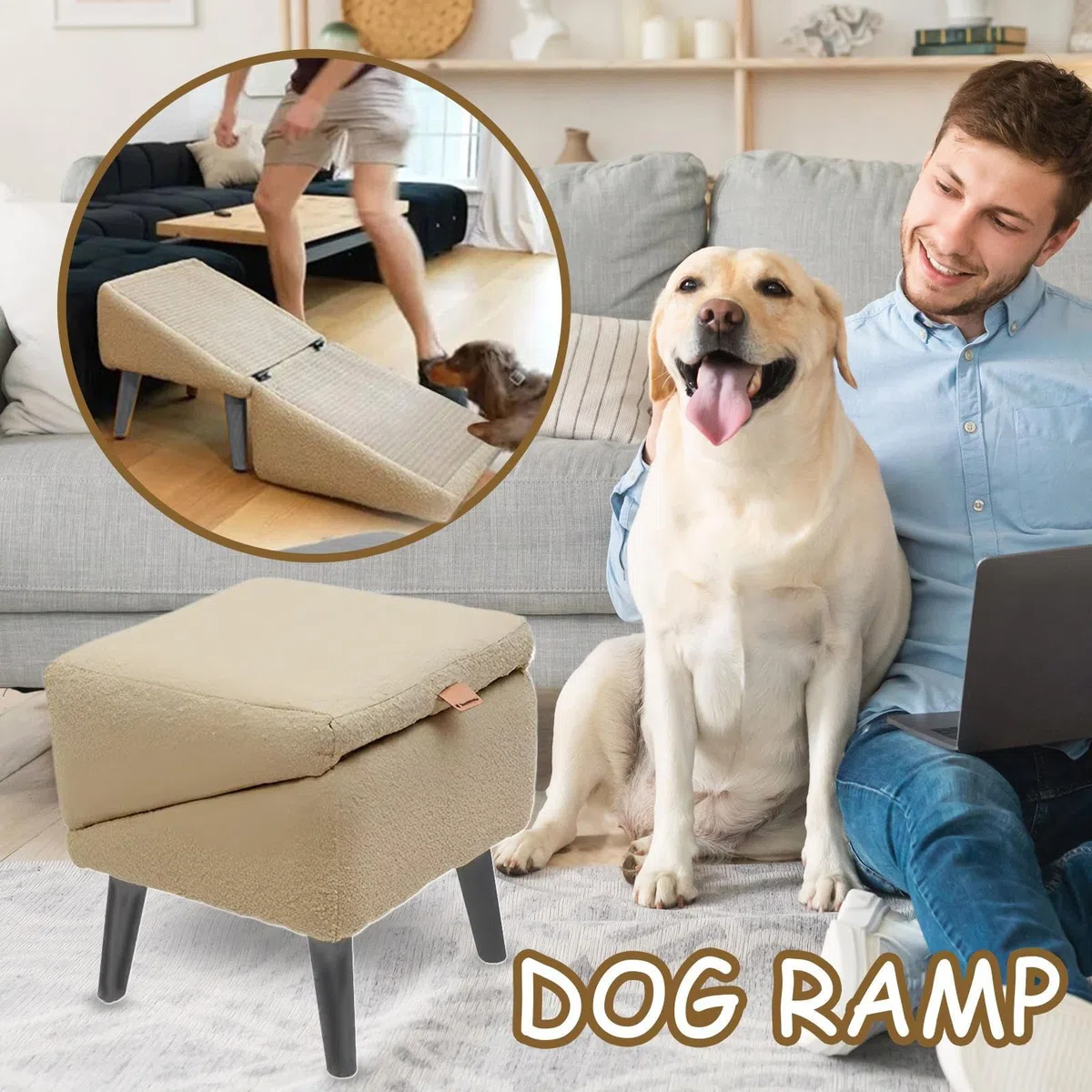 Rampa para Perros En Dos Partes, Plegables Escaleras para Perros Pequeños, Escalones 2 En 1 para Mascotas, Taburete Antideslizante para Mascotas, Rampa para Sofá, Cama, Silla Y Coche(Caqui)