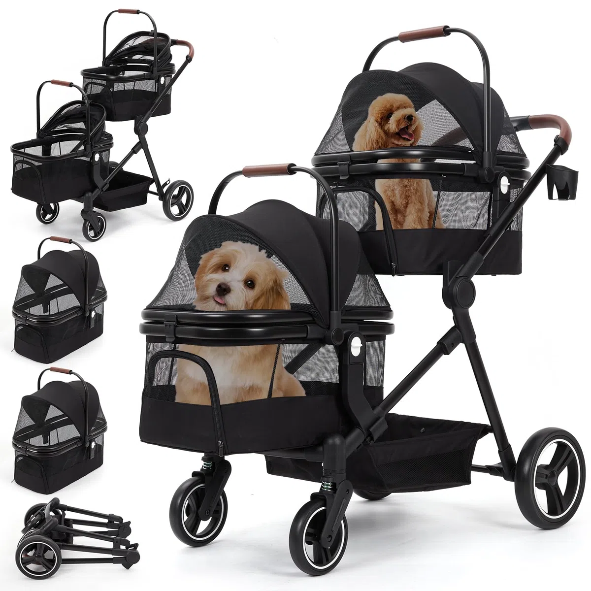 Carrito doble para mascotas 2 en 1, 3 en 1, con bolsa de transporte y asiento de coche, cochecito plegable para mascotas con capacidad de 50 LBS y amortiguador de golpes para perros y gatos