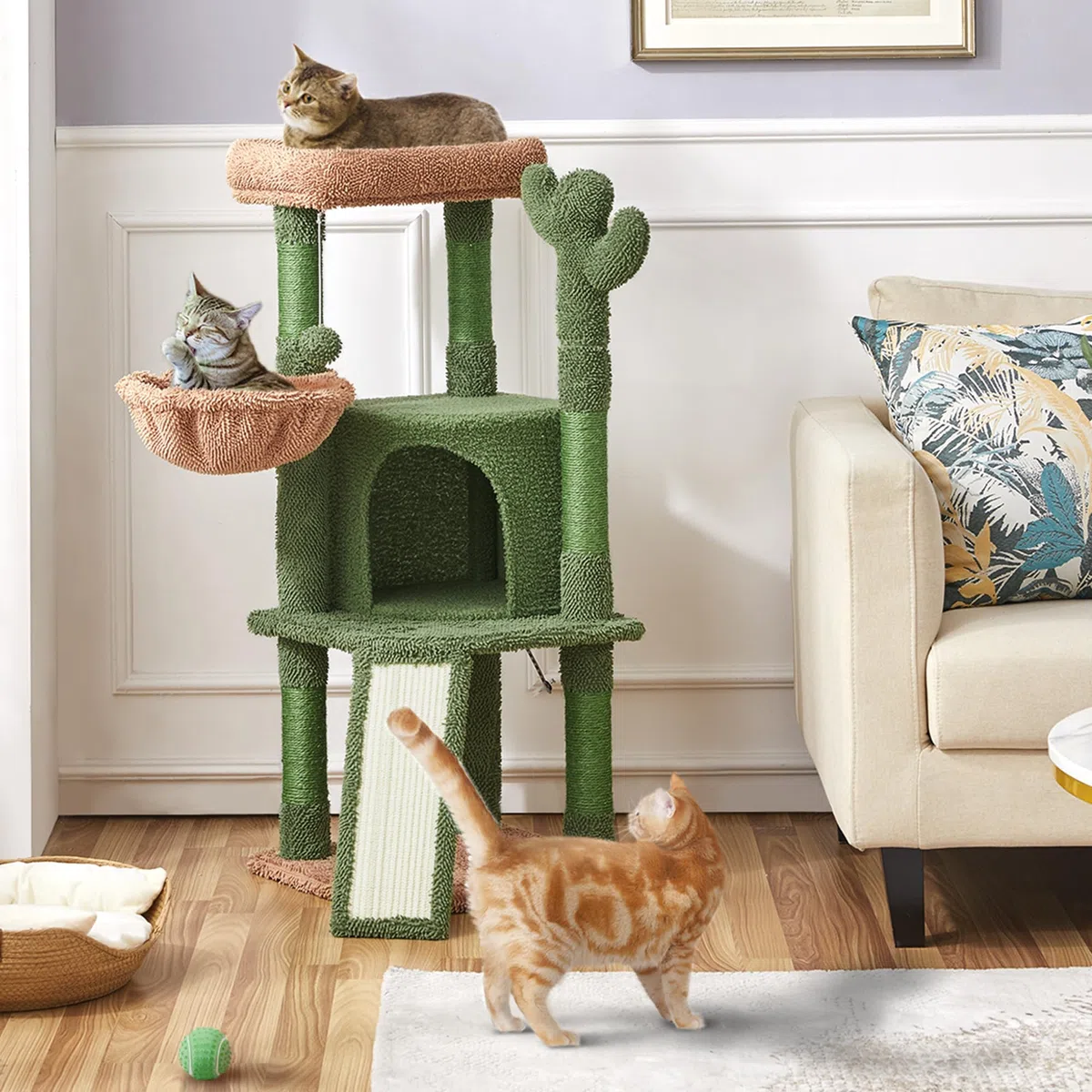 Yaheetech Árbol Rascador para Gatos Verde Cactus 42,5x42,5x106,5cm Torre para Gato Árbol para Mascota Estable de Varios Niveles con Canasta Verde y Marrón