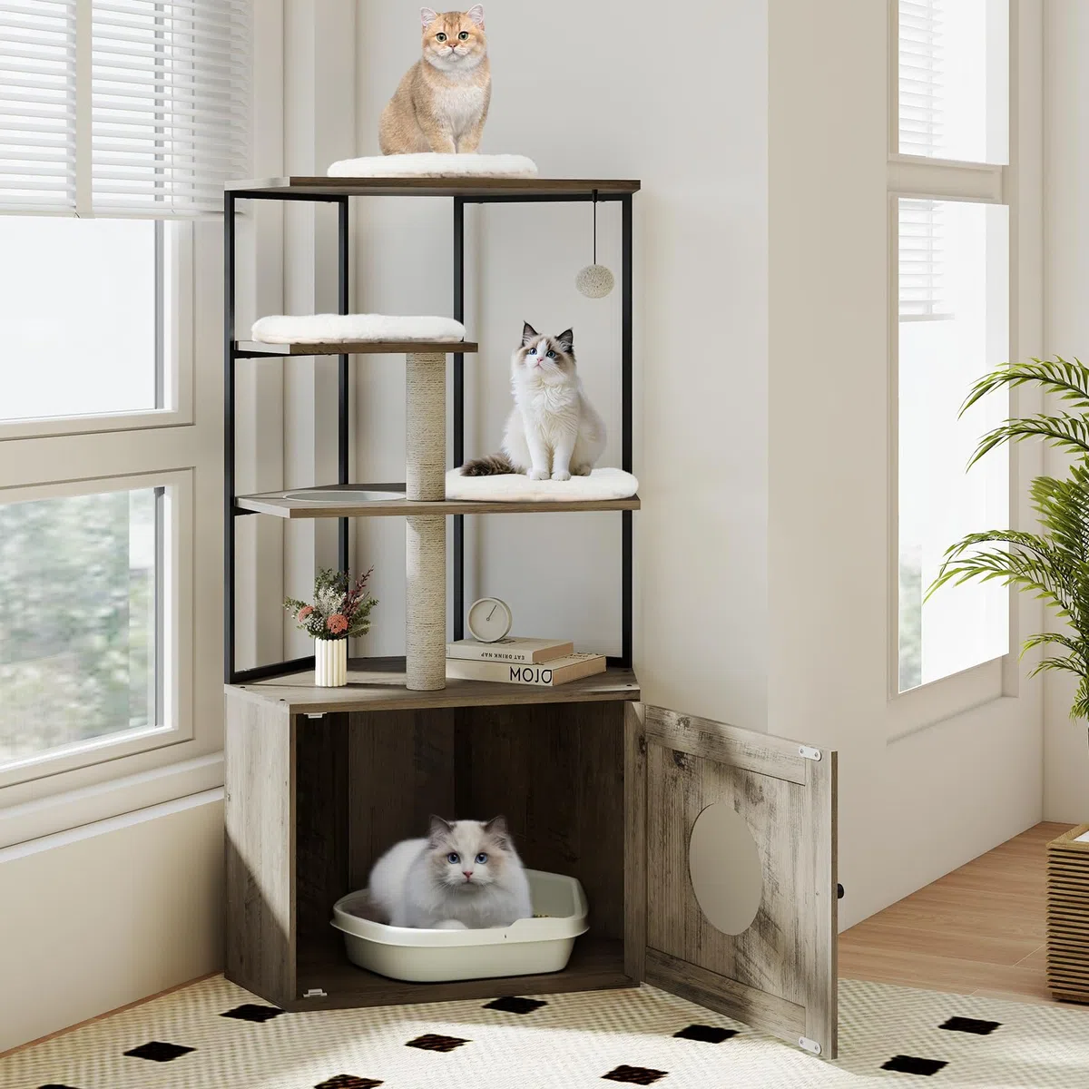 COSTWAY Árbol Rascador con Arenero para Gatos, Mueble para Gatos con 2 Postes Rascadores, 3 Alfombras, Agujero, Marco Metálico, Bola Colgante, Casa para Gatitos de Madera, 80 x 48 x 145 cm, Marrón