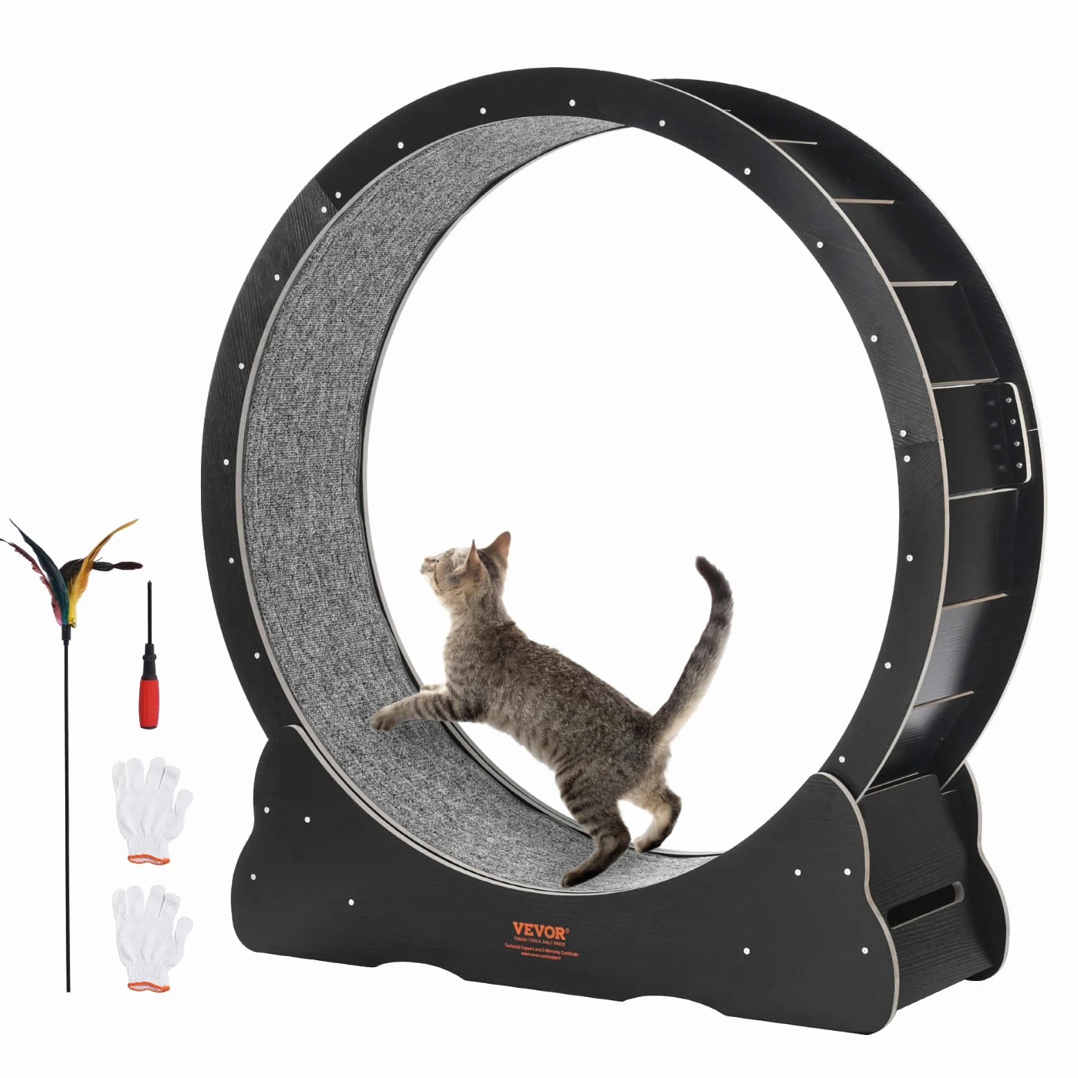 VEVOR Rueda de Ejercicio de Madera para Gatos de Interior de 110 x 33,8 x 117 cm, Rueda para Correr con Alfombra Desmontable, Juguete para Correr, Caminar, Entrenar para Diferentes Gatos, Color Negro
