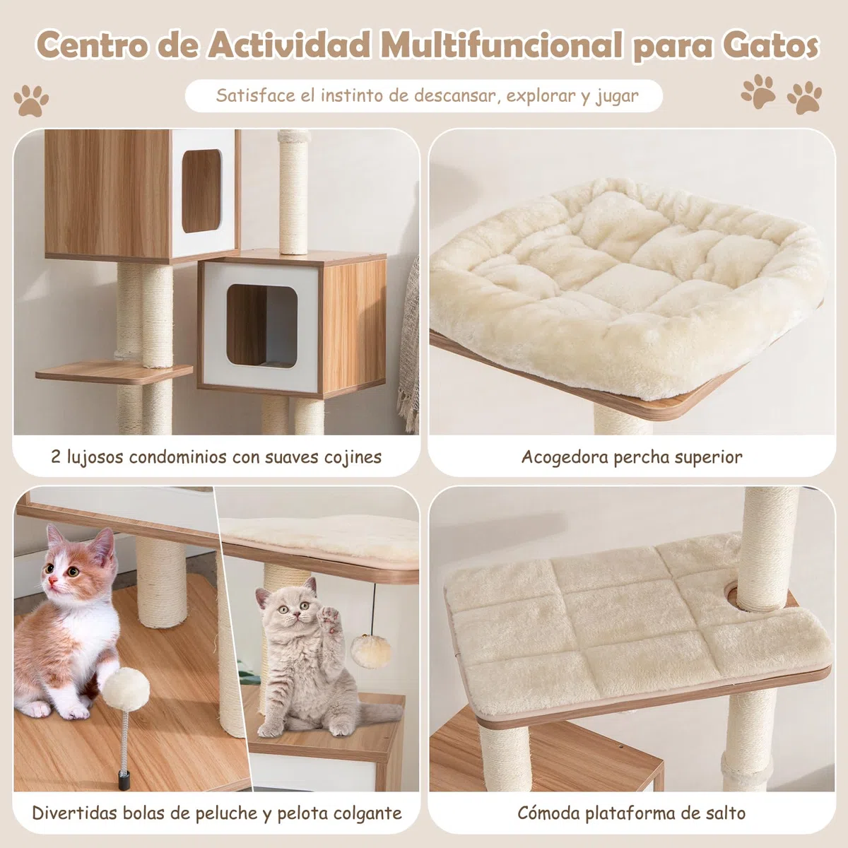 GOPLUS Árbol para Gatos de Varias Capas de 163 cm, Torre de Actividades para Gatos Escaladores en Interiores con Postes para Rascar, Plataforma Acolchada, 2 Condominios, 3 Bolas
