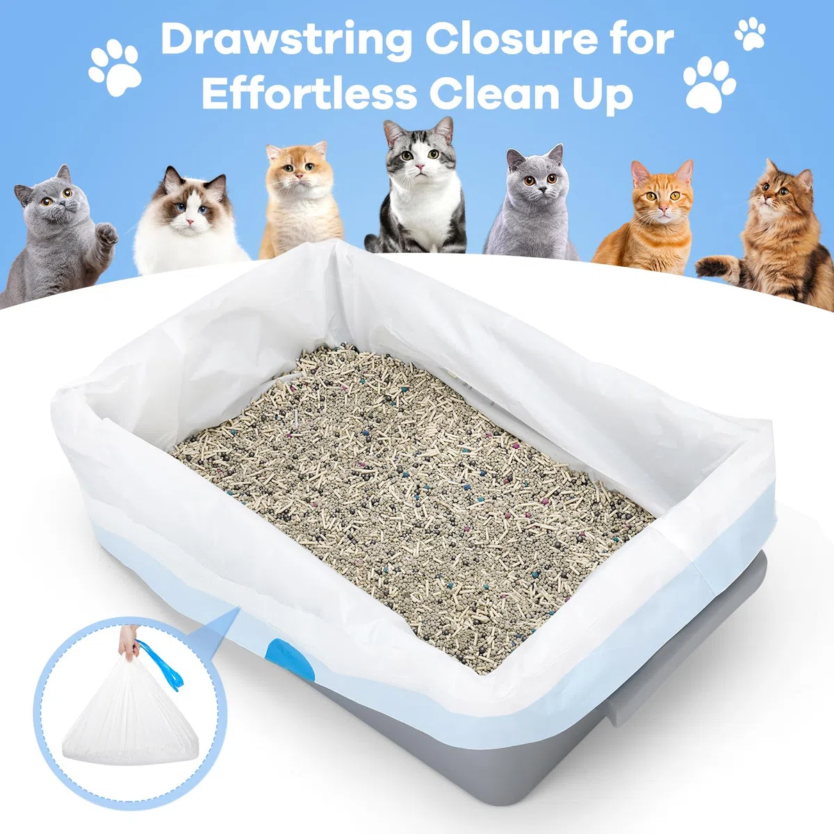 Bolsas de arena para gatos, 60 forros duraderos con cordón para cajas de arena automáticas, para cajas de arena para gatos autolimpiables