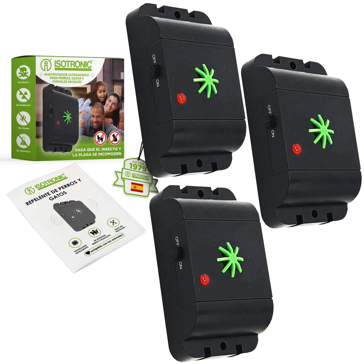 ISOTRONIC Repelente ultrasónico para Gatos y Perros: disuasivo para Gatos en graneros, Jardines, Coches y garajes; ahuyentador para Perros a Pilas con un Alcance Efectivo de 40 m² (3 Unidades).