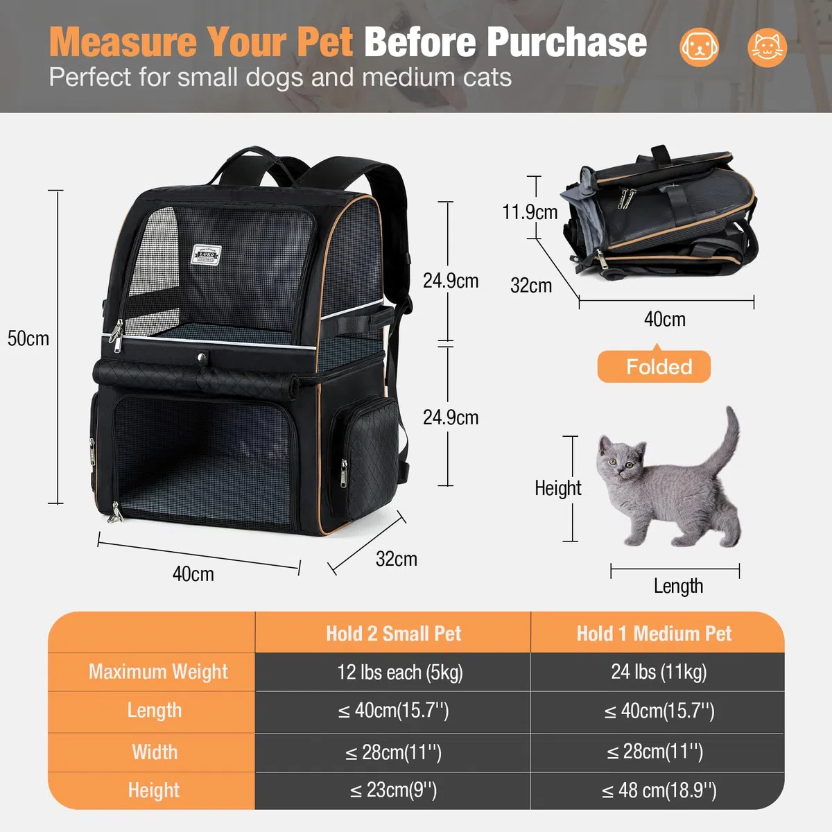 Mochila Gatos de Doble Capa para 2 Gatos | Mochila Grande para Perros,Mochila Transportin Gato para Mascotas Plegable - para Perros y Gatos de hasta 11 kg - Negro