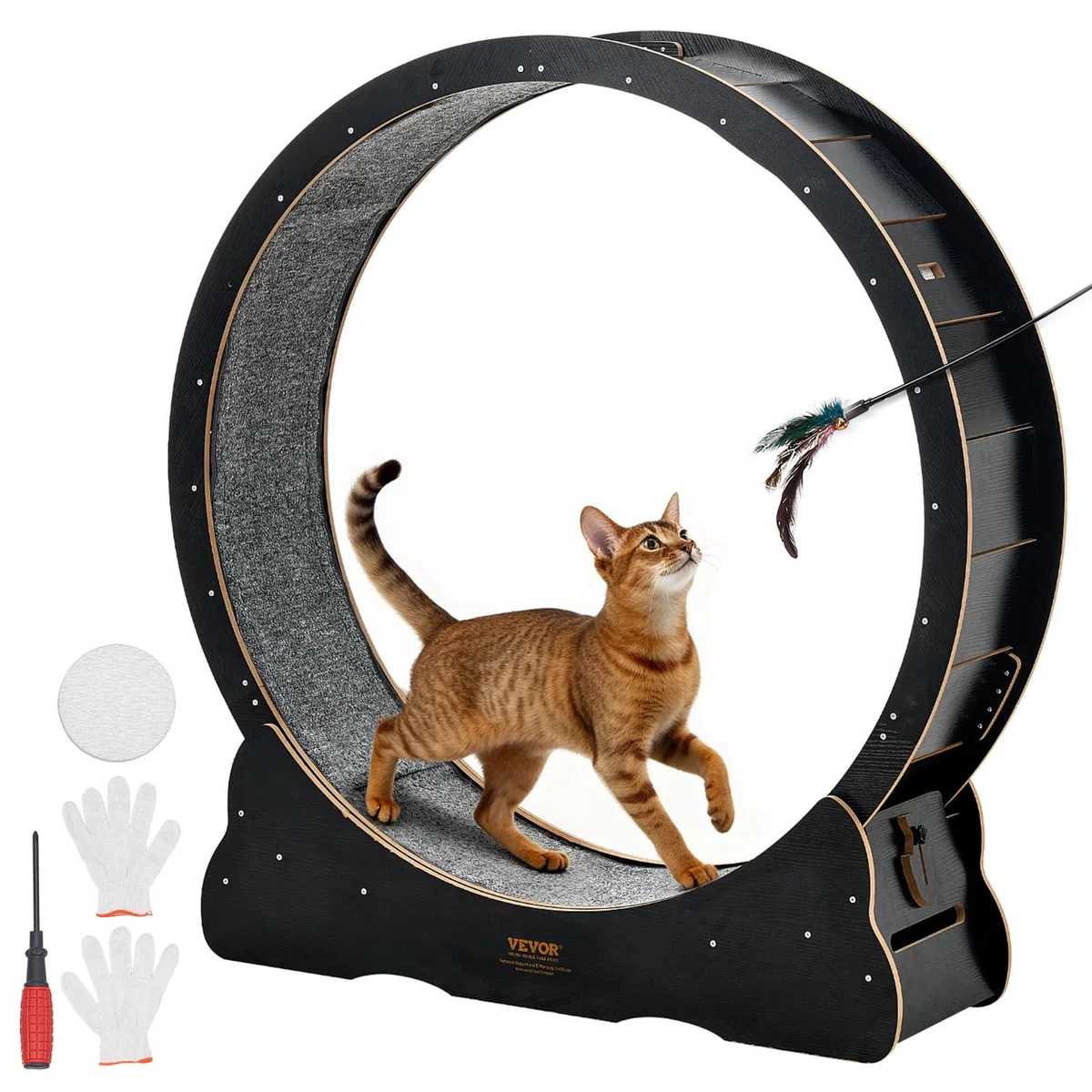 VEVOR Rueda de Ejercicio de Madera, para Gatos de 8,6 a 12,7 kg, Diámetro Interior de 1080 mm, Cinta de Correr con Superficie Alfombrada y Mecanismo de Bloqueo, Color Negro, 1200 x 340 x 1275 mm