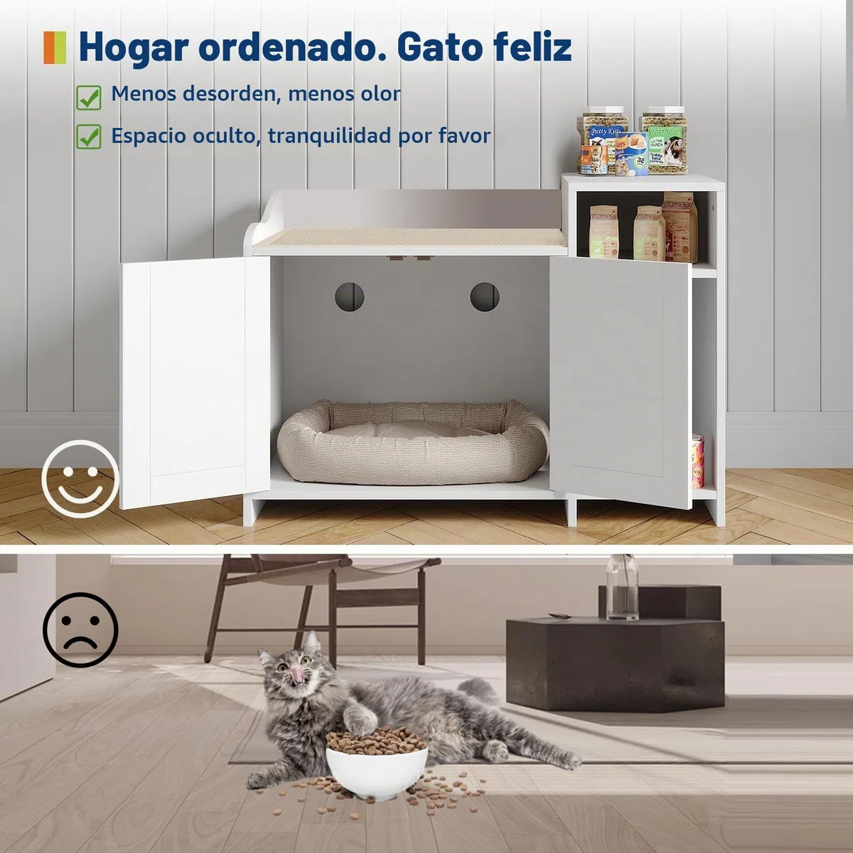 Mueble Ocultador De Arenero Gato – Aislante De Olores – Diseñado para Areneros Abiertos – Mesa Auxiliar De Madera con Estantería – para Gatos Grandes y Compatible con La Mayoría De Areneros