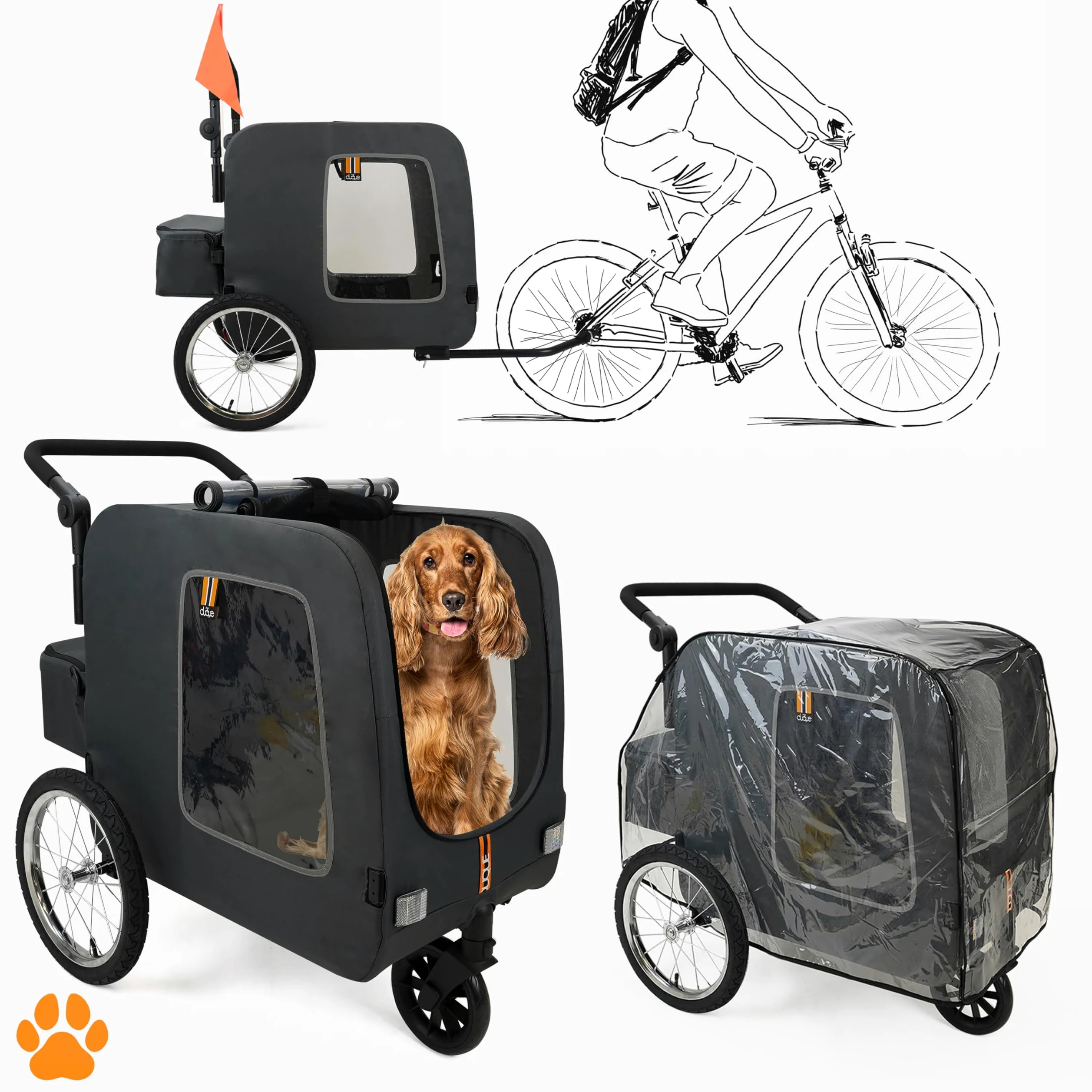 Chase - Bicicleta 3 en 1 para Perros, Remolque de Transporte para Bicicletas, Cochecito para Mascotas y Compras, con Cubierta Impermeable incluida, Color Negro