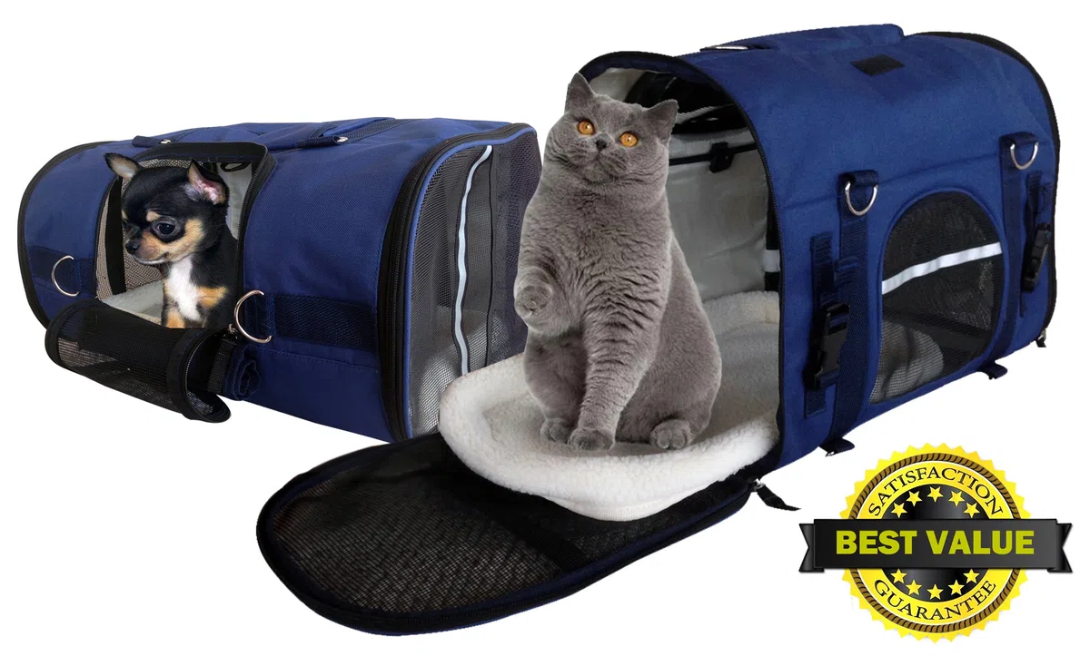 6-en-1 Robusta Mochila para Mascotas, Frontal/Pecho Mochila, Bolsa de Hombro y de Mano, Caja para Asiento de Auto, 2 Posiciones. Transportador de Viaje con Lados Suaves. para Mascotas de 45-54 cm