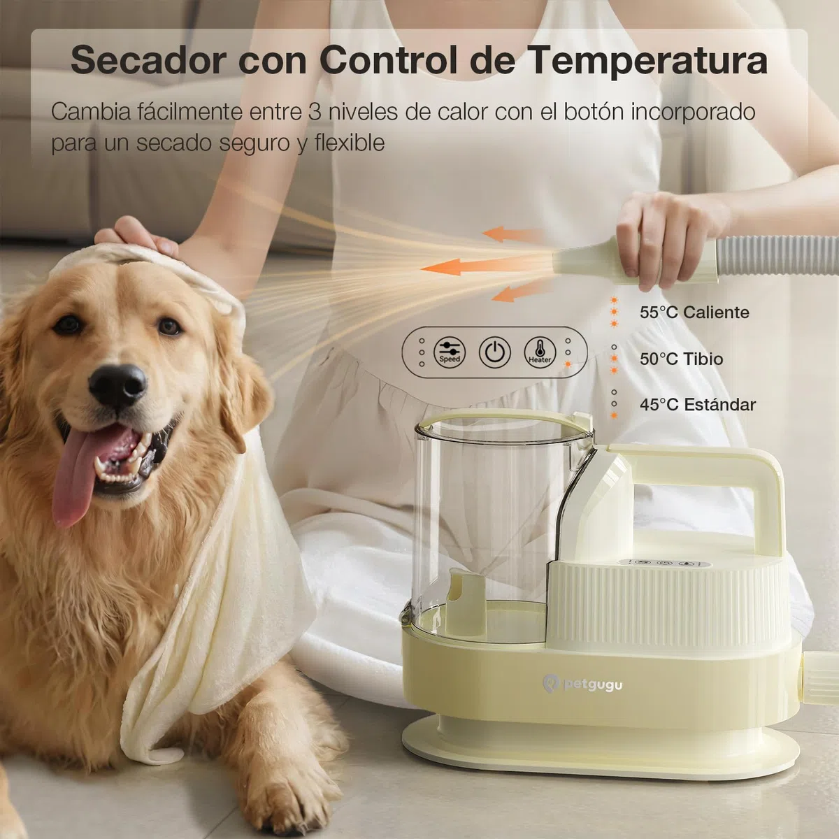 Maquinilla Eléctrica para Perros 7 en 1 con Aspirador de Pelo–Cortapelos Mascotas Silencioso 2,5L,Cepillo Aspirador para Perros y Kit de Higiene Profesional Amarillo