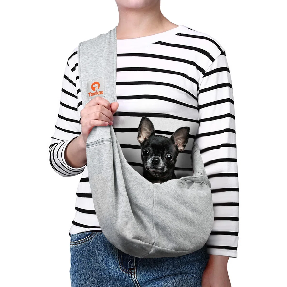 Tomkas Dog Carrier Sling - Pet Carrier for Small Dogs and Cats, Adjustable Strap, Zip Pocket, Snap Closure (Grey, S - Adjustable Strap EU)
