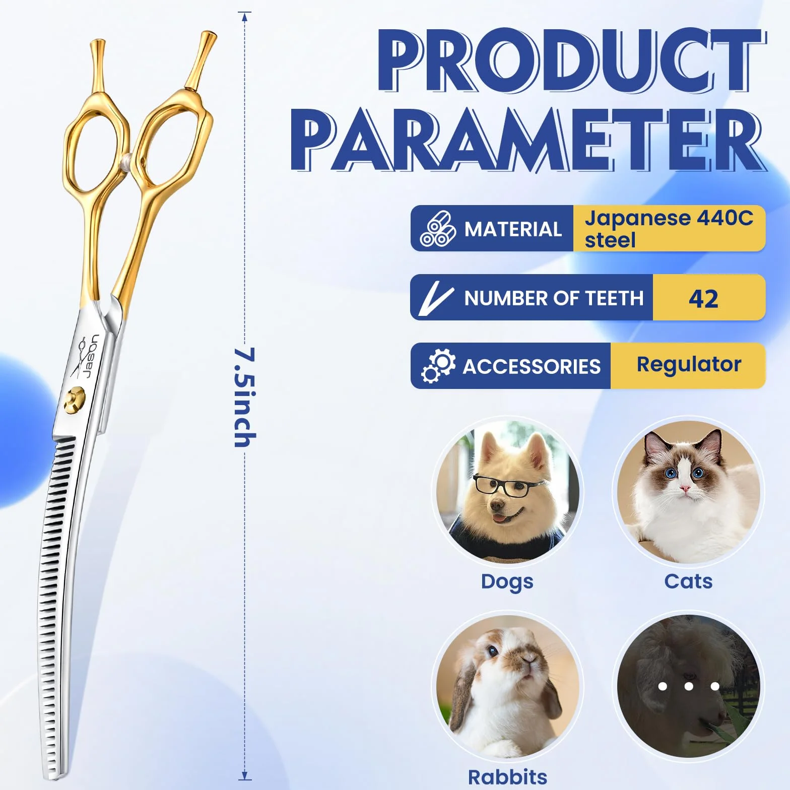 JASON 7.5 pulgadas tijeras para perros profesionales curvadas hacia abajo con 43 dientes, hechas de acero inoxidable japonés 440C con mango simétrico