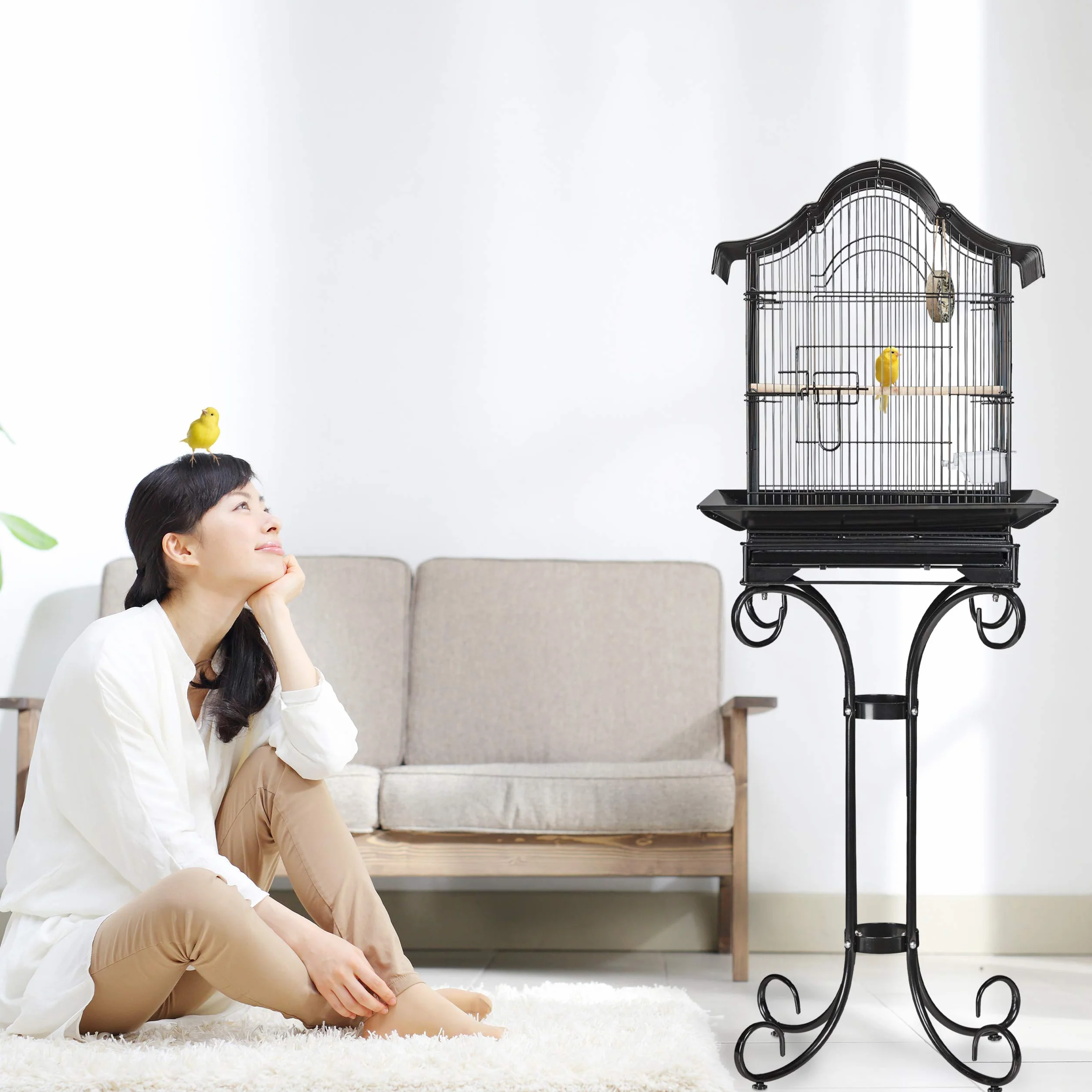 Relaxdays Jaula Pájaros Pedestal, Canarios, Pinzones, Percha, Comedero, Pajarera Aves Exóticas, 146,5x55x50 cm, Negro