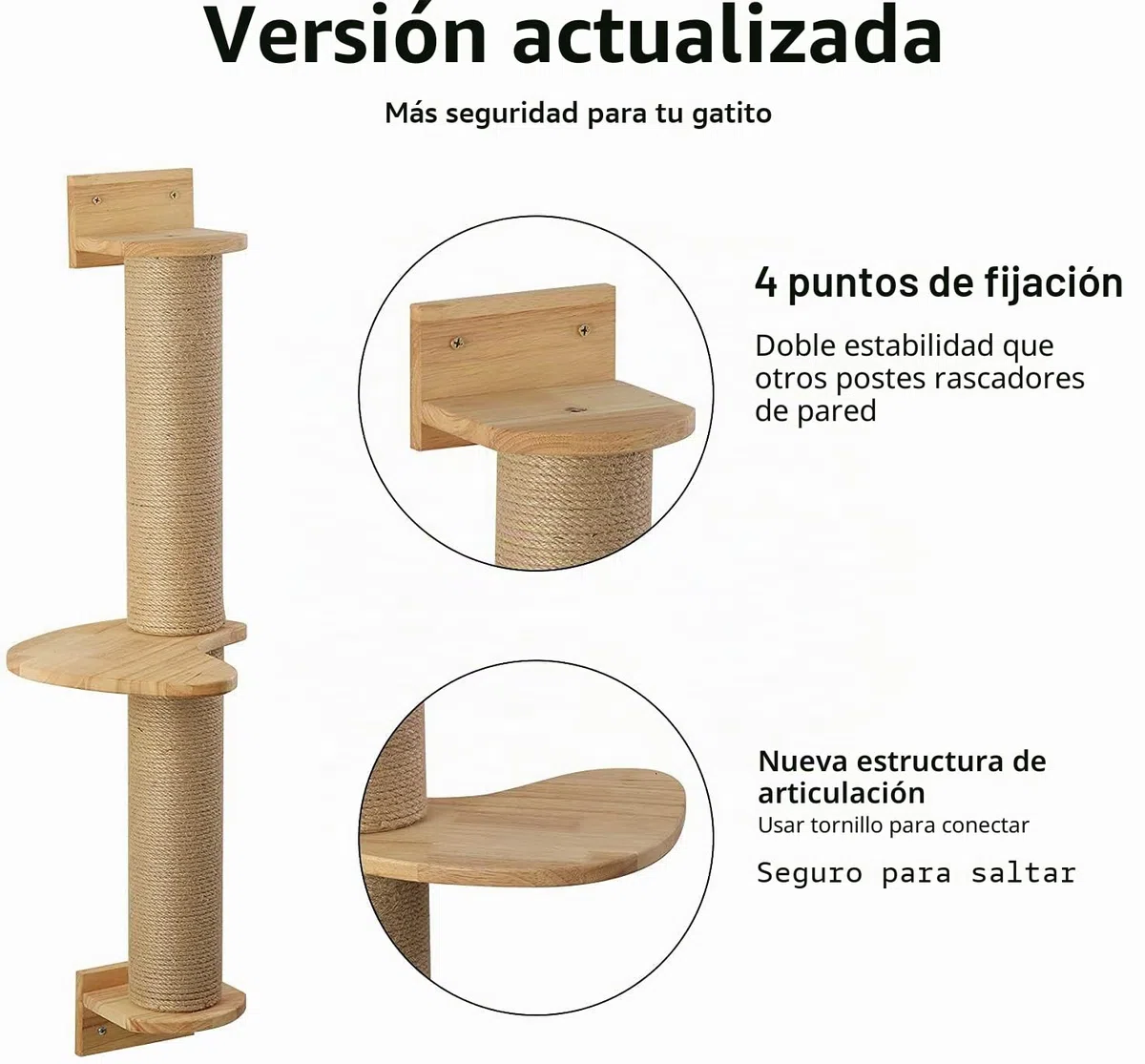 FUKUMARU Árbol para Gatos de 93 cm, Montado en la Pared, Poste Rascador y colchoneta de Yute, árbol Rascador para Gatos Hecho de Madera de Caucho sólida Natural