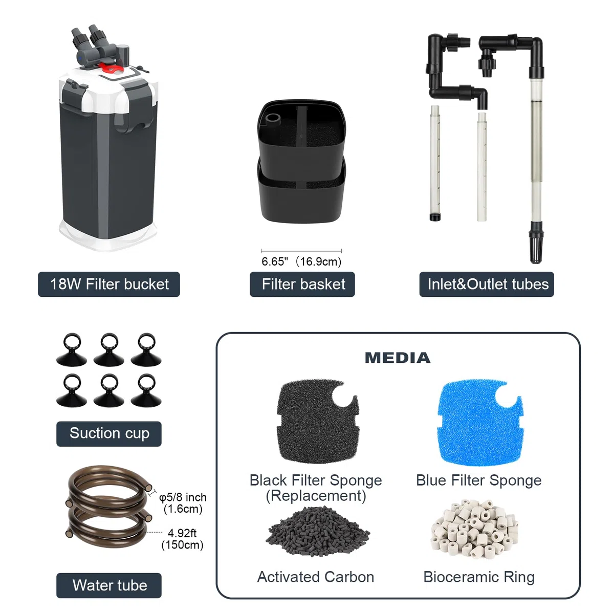 Filtro externo para peceras ultra silencioso, recipiente de filtro externo para acuario con medios de filtro, cartucho de filtro de acuario incluye esponja, biobola, carbón activado, 18 W