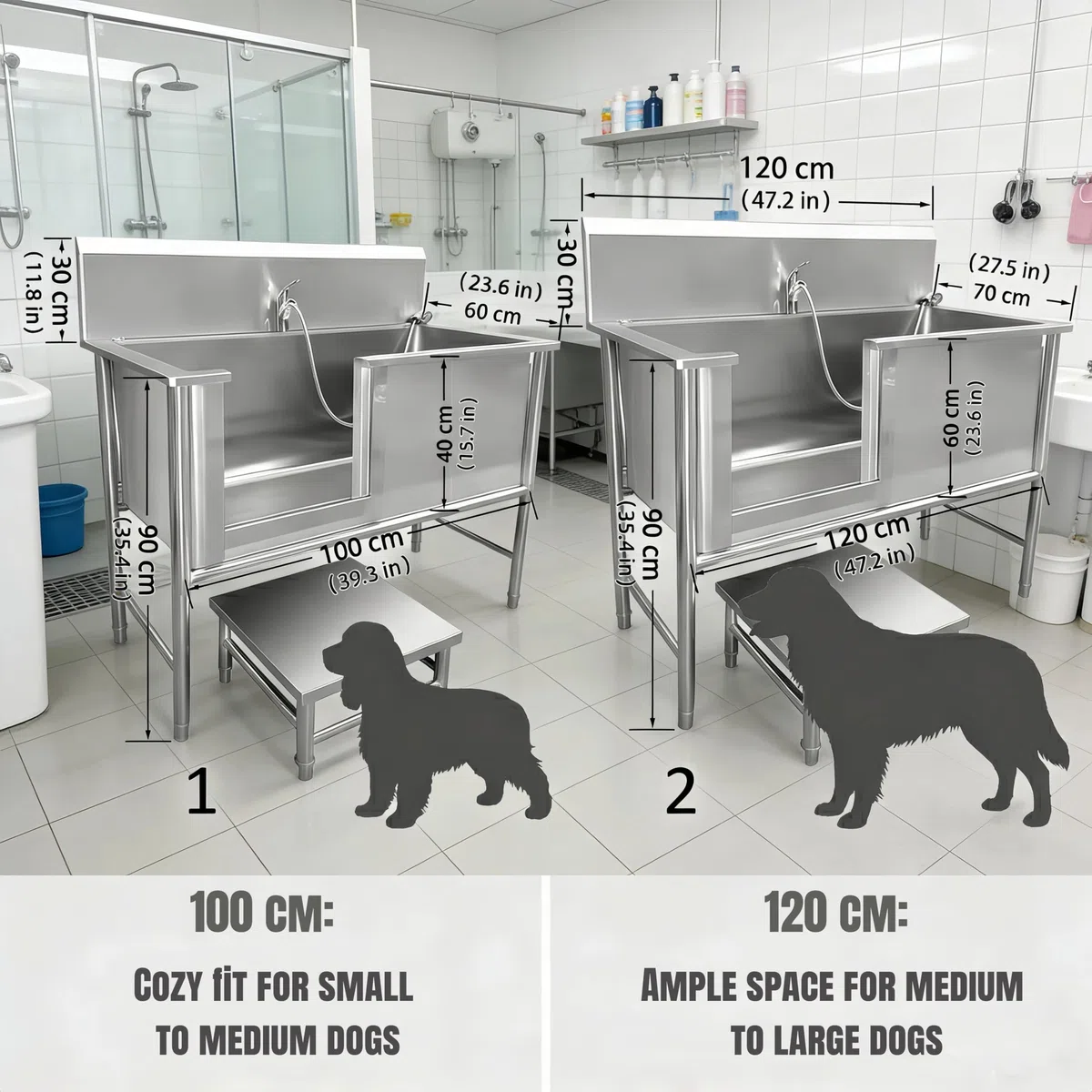 Genérico Estación de Lavado para Perros de Acero Inoxidable Bañera Profesional – con Puerta Corredera, Escalera y Grifo Extraíble Alfombrilla Antideslizante-Bañeras Profesionales