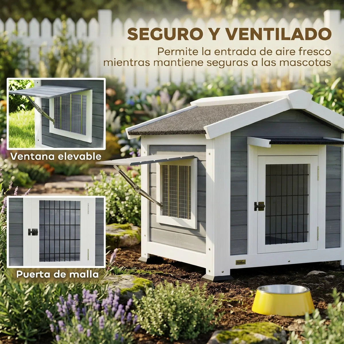 PawHut Caseta para Perros Exterior de Madera con Base Elevada y Suelo Extraíble, Casa para Perros Medianos con Techo Asfáltico, Ventana Abatible y Puerta Ventilada, 98x76x69,5 cm, Gris