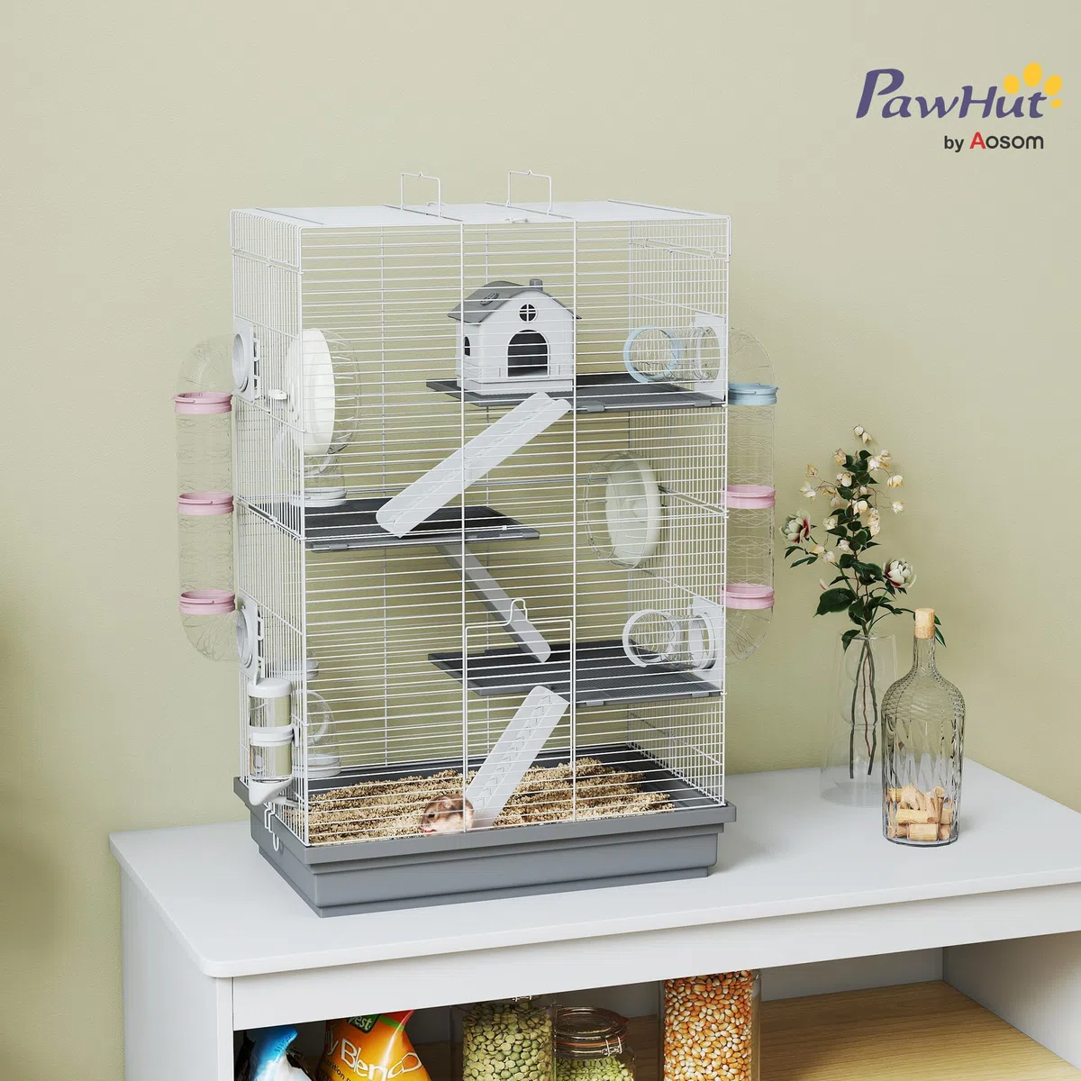 PawHut Jaula para Hámster, 47x30x70 cm, Casa para Animales Pequeños con Túnel, Plataformas, Cuenco, Bebedero, Casita, Rampas y Rueda de Ejercicio, para Hámsteres Enanos, Jerbos, Gris