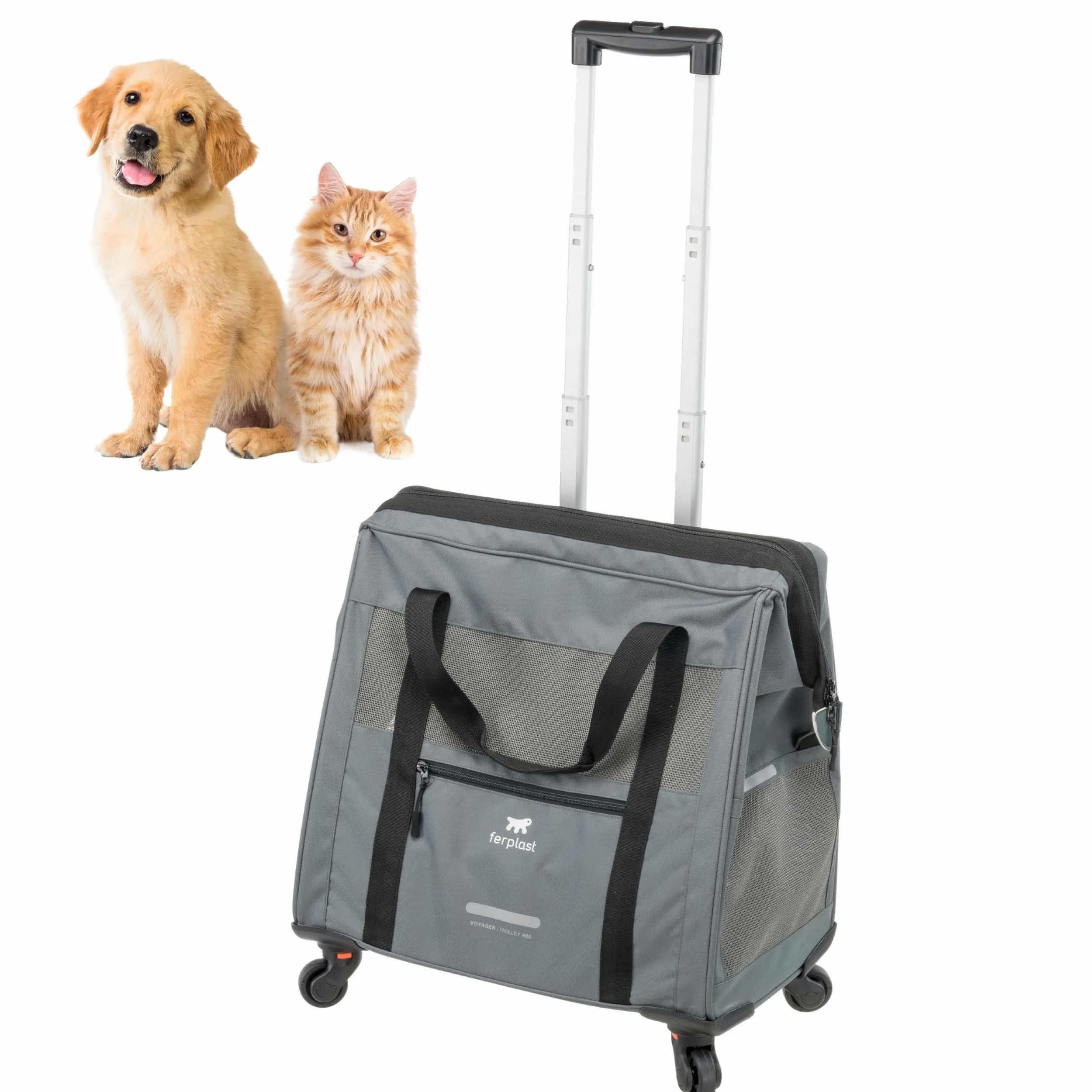 Ferplast Transportin Gato Voyager Trolley, Transportín Perro, Mochila para Gatos, Asa Extensible, Correas Ajustables, Apertura Amplia, Ruedas Desmontables, Máx. 15 kg, 46 x 26 x 48H cm, Gris