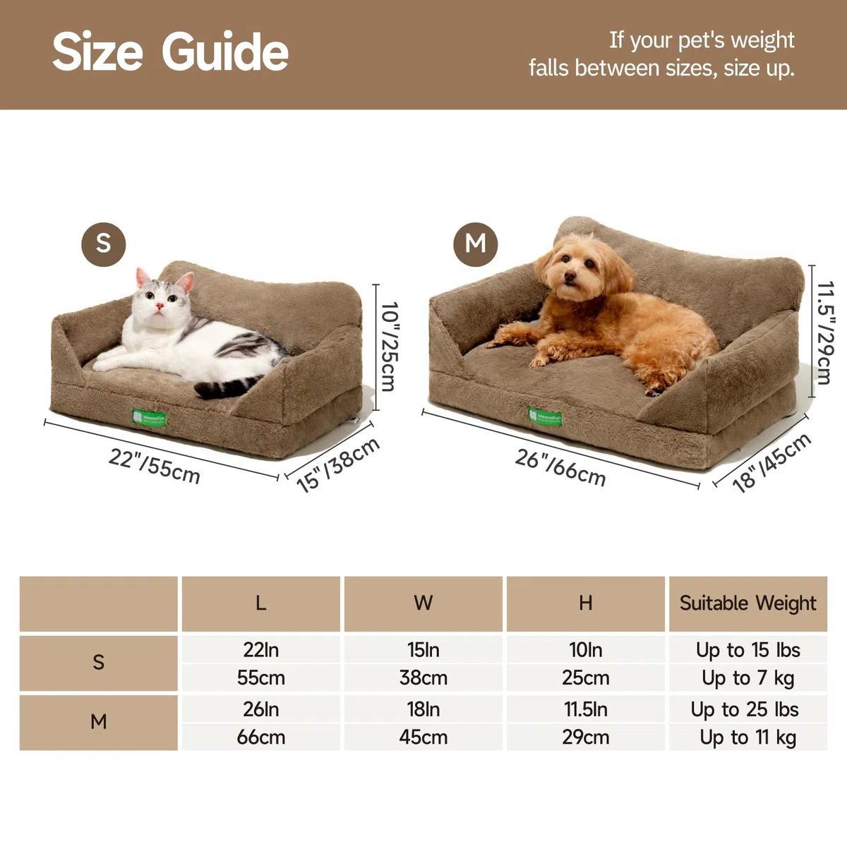 MEWOOFUN Sofá para gatos de interior con funda extraíble lavable y fondo antideslizante para perros pequeños (marrón, 66 x 45 x 35 cm)