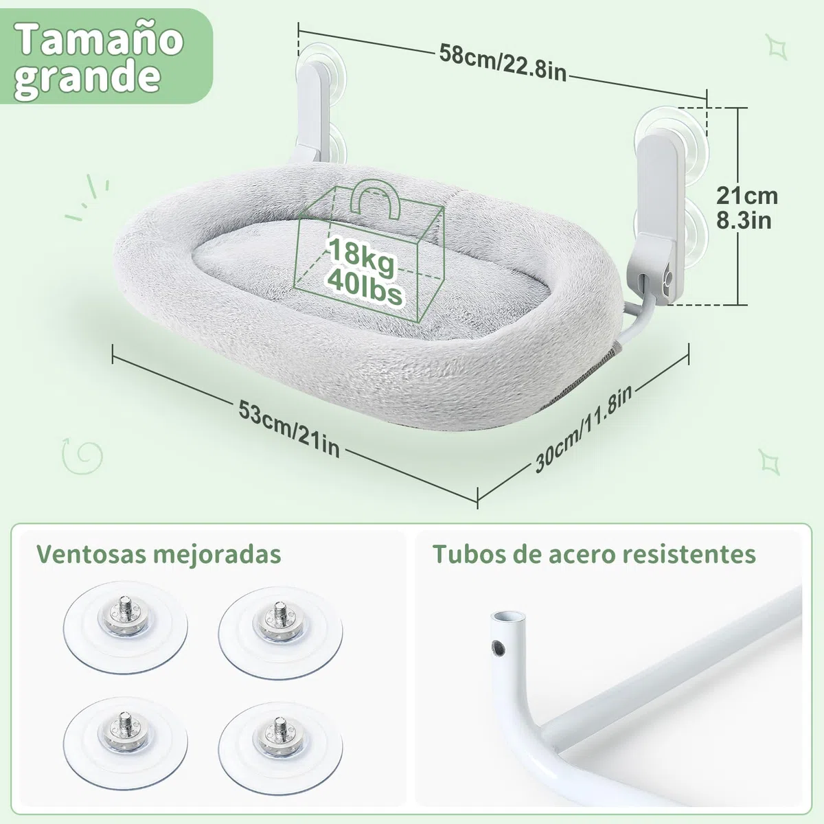 GUUSII HOME Hamaca Gato Ventana con Ventosas Fuertes Cama Colgante para Gatos Amaca Camita Interior Grande Instalación Fácil sin Perforaciones Funda Suave y Lavable Soporta hasta 18kg (Gris)