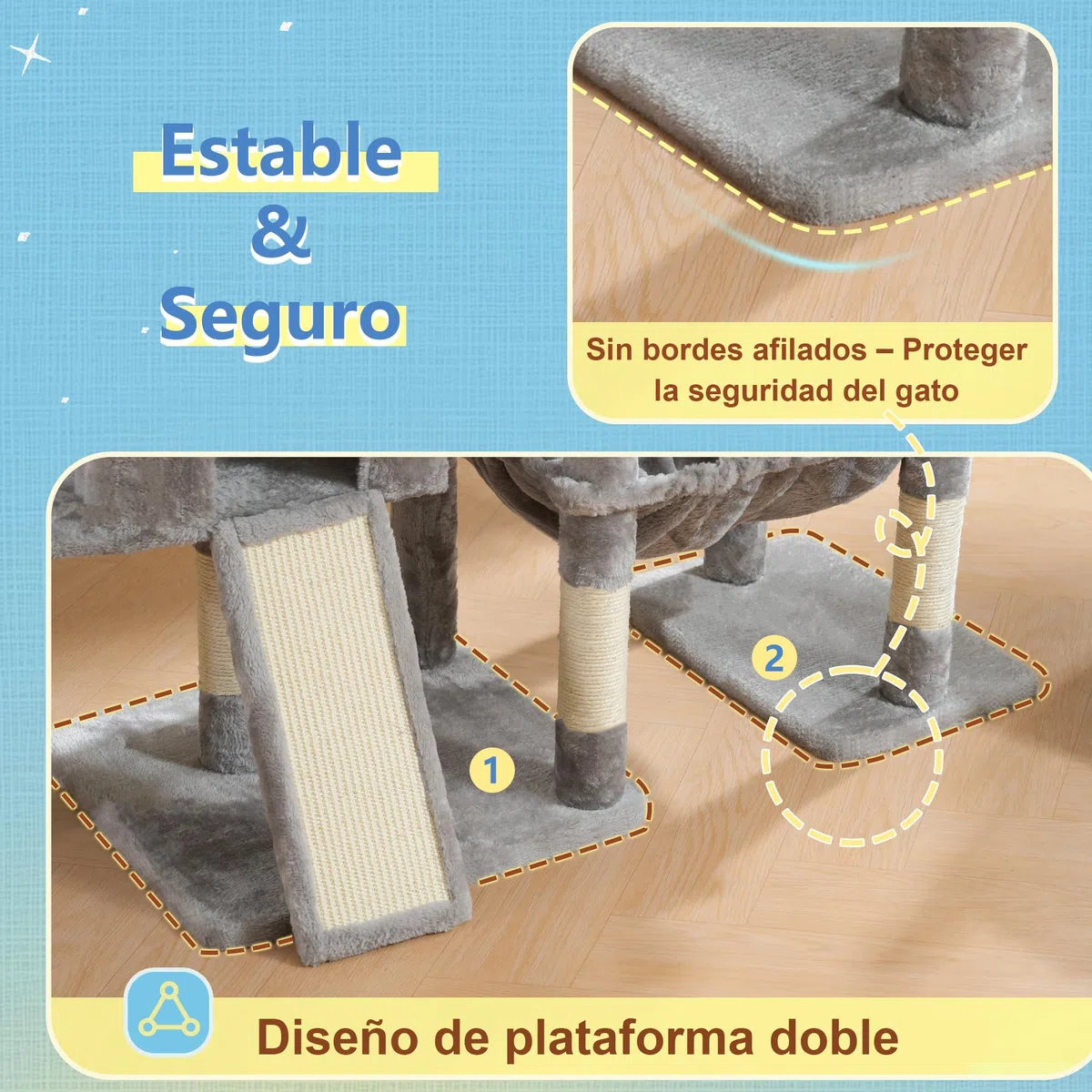 Hey-brother Árbol para Gatos, Rascador para Gatos con una Gran Plataforma, Estructura escalonada, con 2 nidos para Gatos, una Hamaca espaciosa, un rascador de sisal y una Cesta, Gris Claro MPJ071W