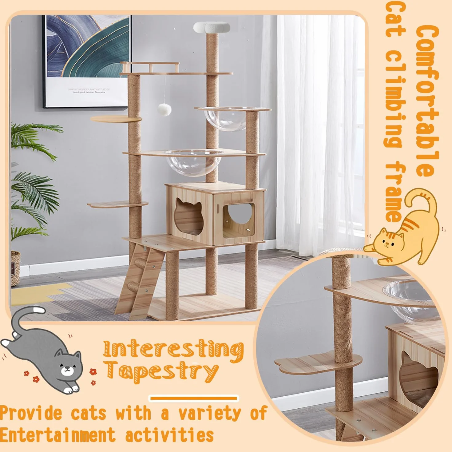 Cat Árbol Rascador para Gatos Grande de 170 cm con 2 Cápsulas Espaciales, 14 Columna Rascadora, Escalera, Cueva, Juguete para Gatos, Plataformas de Felpa - Rascador para Gatos.