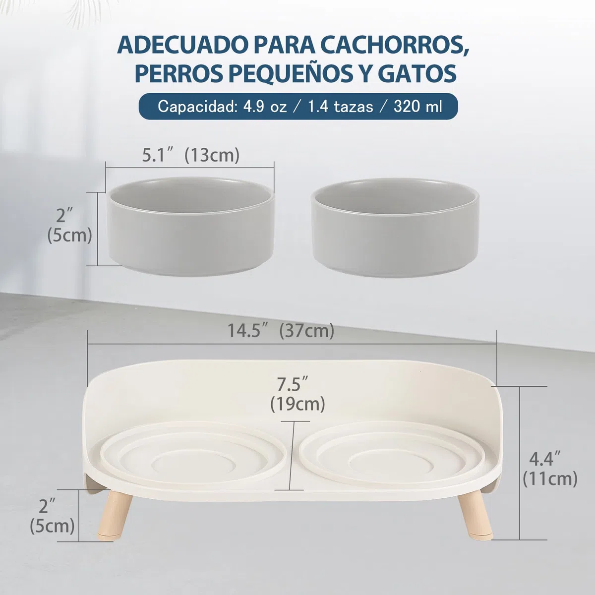 Comedero y Bebedero Elevado para Perros - Cuencos Dobles de Cerámica con Soporte Antisalpicaduras para Comida y Agua - Ideal para Gatos y Perros Pequeños - 2 x 320 ml - Gris