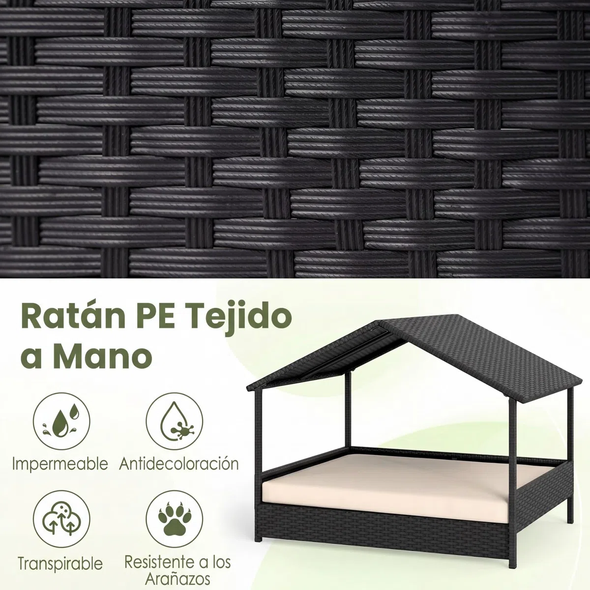 COSTWAY Caseta para Perros Exterior e Interior, Casa Perro de Ratán Grande con Dosel, Base Elevada, Cojín Removible, Estructura Metálica, Cama Elevada para Mascotas, Carga 60 kg, 98x69x74 cm (Beige)