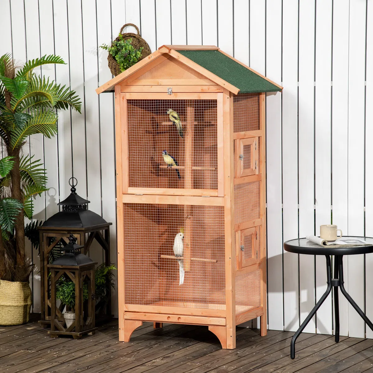 PawHut Jaula para Pájaros de Madera con 3 Puertas 80,5x57x153 cm Natural | 4 Perchas, Bandeja Extraíble, Techo Asfáltico