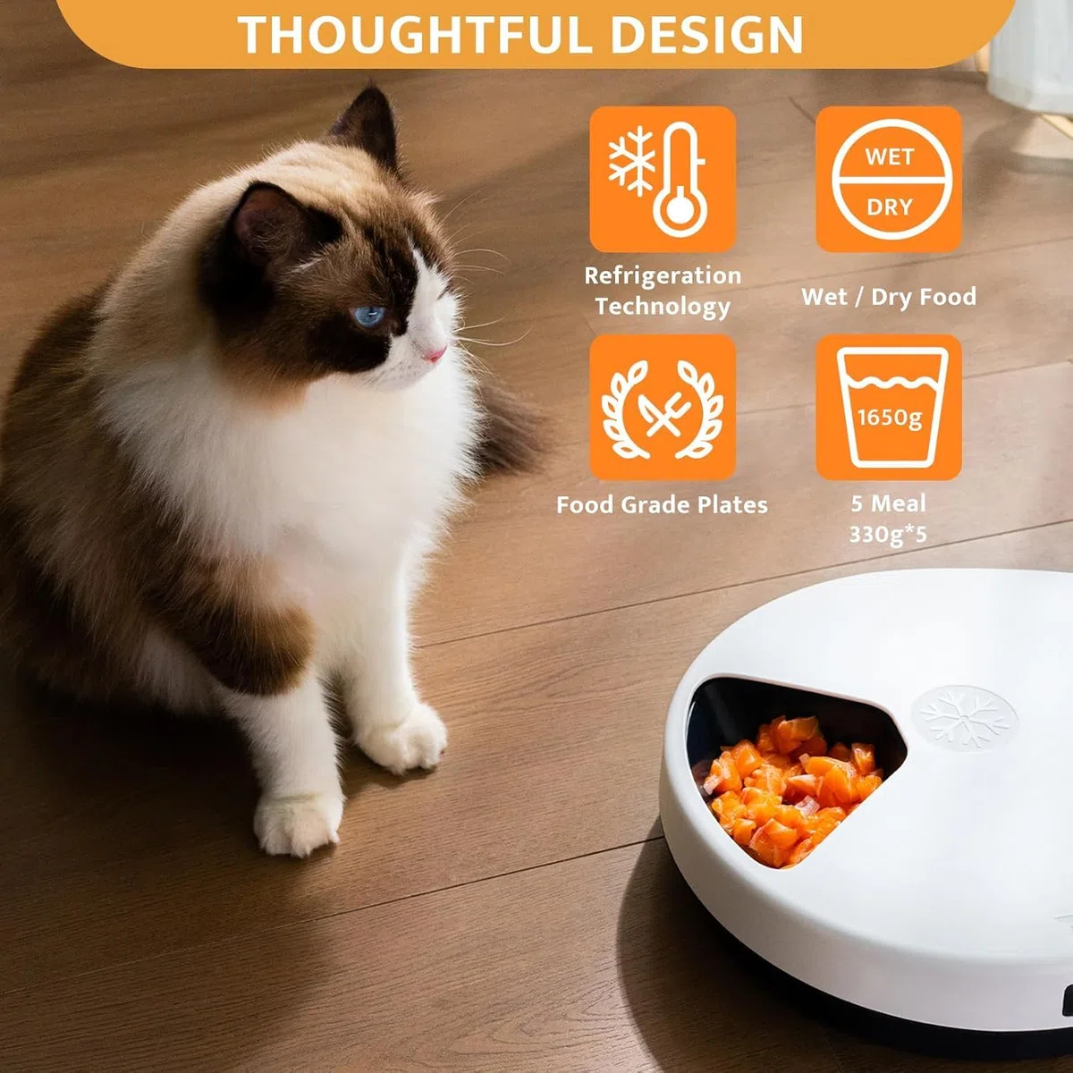 Alimentador automático de Comida húmeda para Gatos con refrigeración, refrigeración semiconductora, con Temporizador, 5 Compartimentos para Alimentos para Mascotas de 330 g Cada uno, Platos de Comida