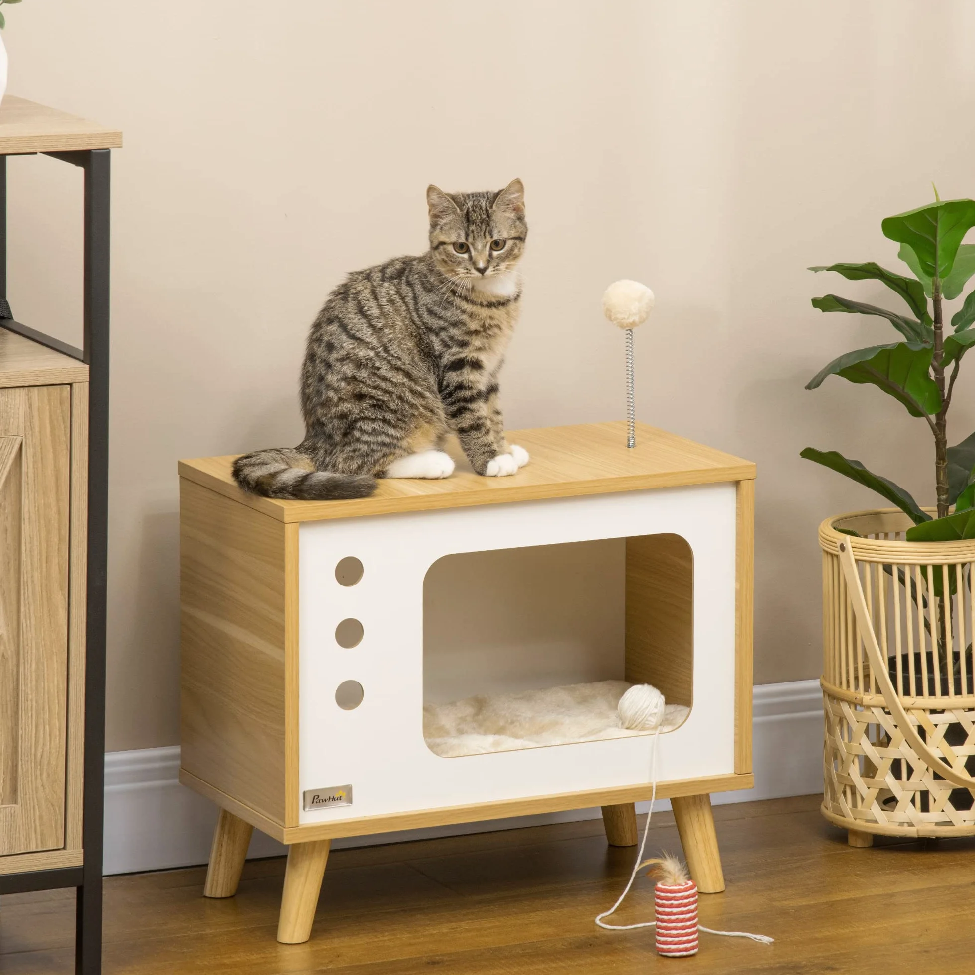 Pawhut Cama Cueva de Gatos Estilo Televisor Casa para Gatos con Cojín Suave Lavable Bola Divertida y Patas Elevadas 50x28x43 cm Roble