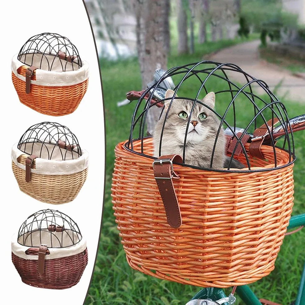 Cesta delantera de mimbre para bicicleta, cesta para manillar de bicicleta,marco de hierro, cesta de almacenamiento tejida a mano, adecuada para perros, gatos, animales pequeños