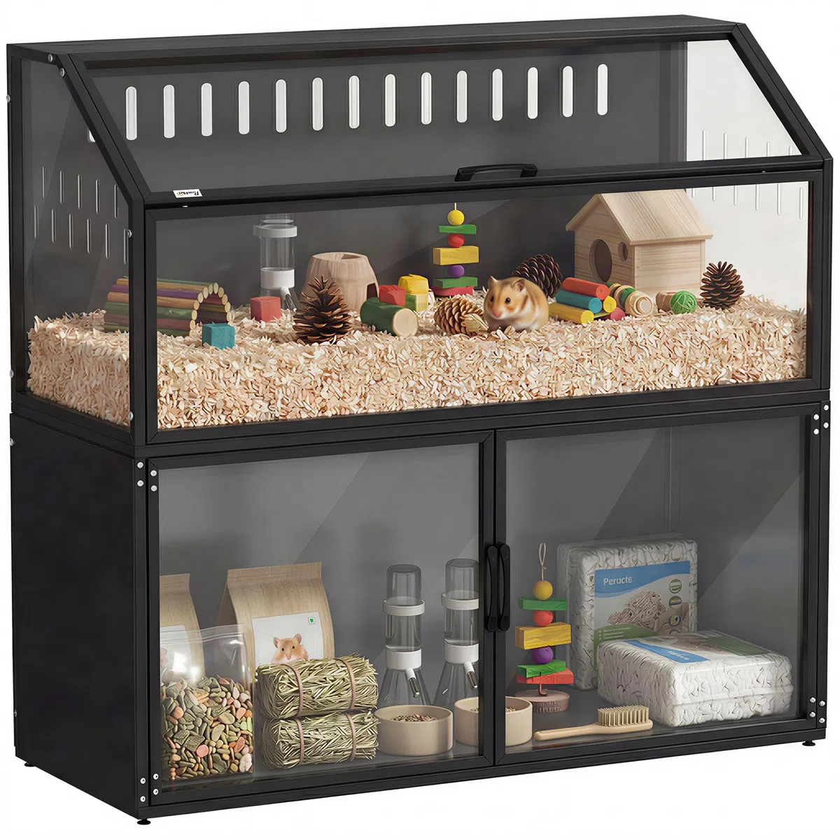 PawHut - Jaula de hámster 2 en 1 con armario de almacenamiento de habitaciones, 104 cm, color negro | Para roedor, acero resistente a las picaduras, acrílico transparente, diseño de jaula grande, para hámster sirio y ratón