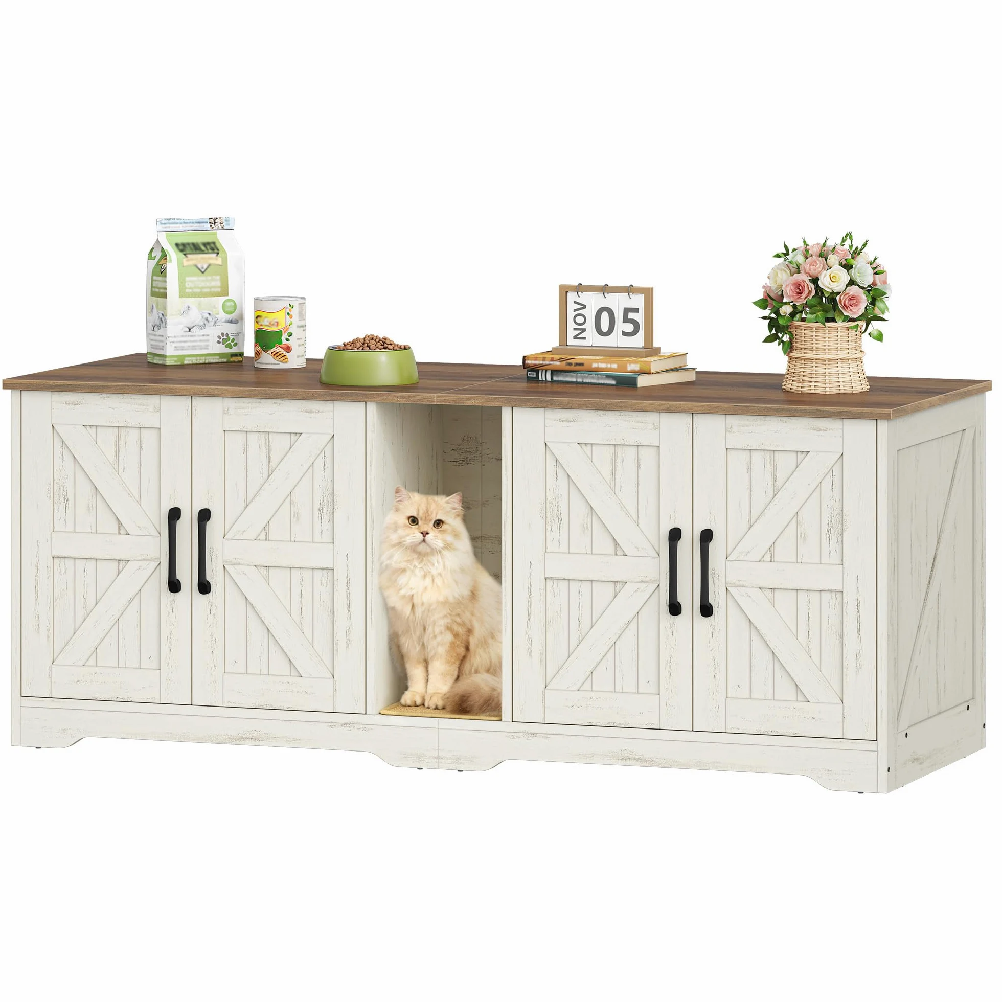 Mueble Arenero Gato para 2 Gatos, 140x50x55 cm, Marrón y Blanco | Mueble para Caja de Arena Oculta, Armario para Gatos con Alfombrilla para Rascar, Caseta Madera para Gato de Interior