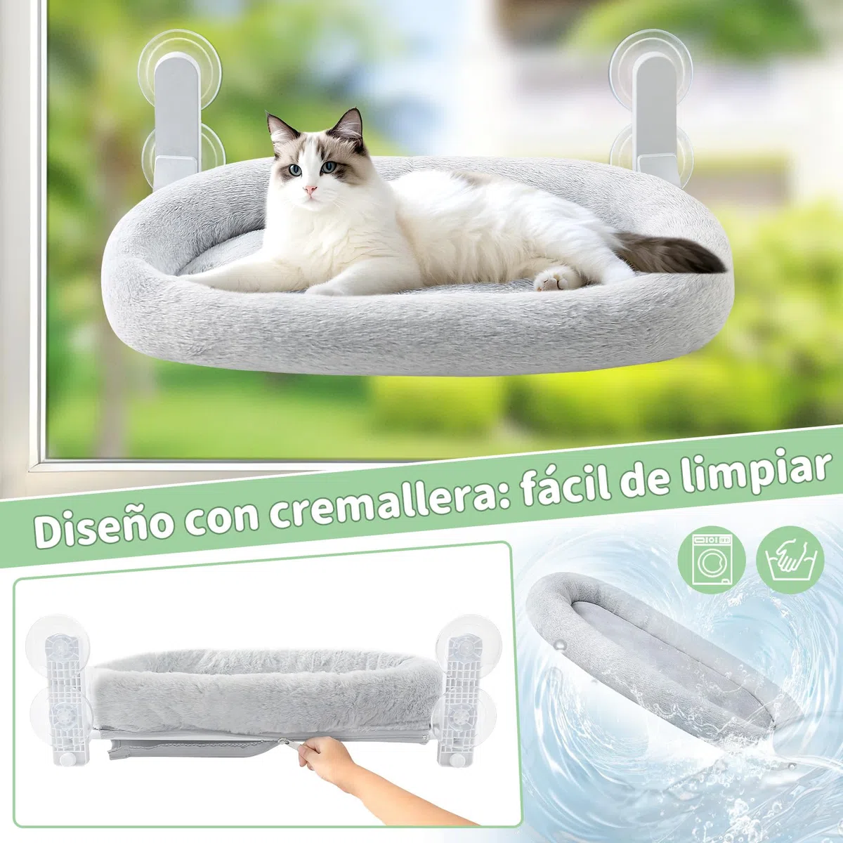 GUUSII HOME Hamaca Gato Ventana con Ventosas Fuertes Cama Colgante para Gatos Amaca Camita Interior Grande Instalación Fácil sin Perforaciones Funda Suave y Lavable Soporta hasta 18kg (Gris)