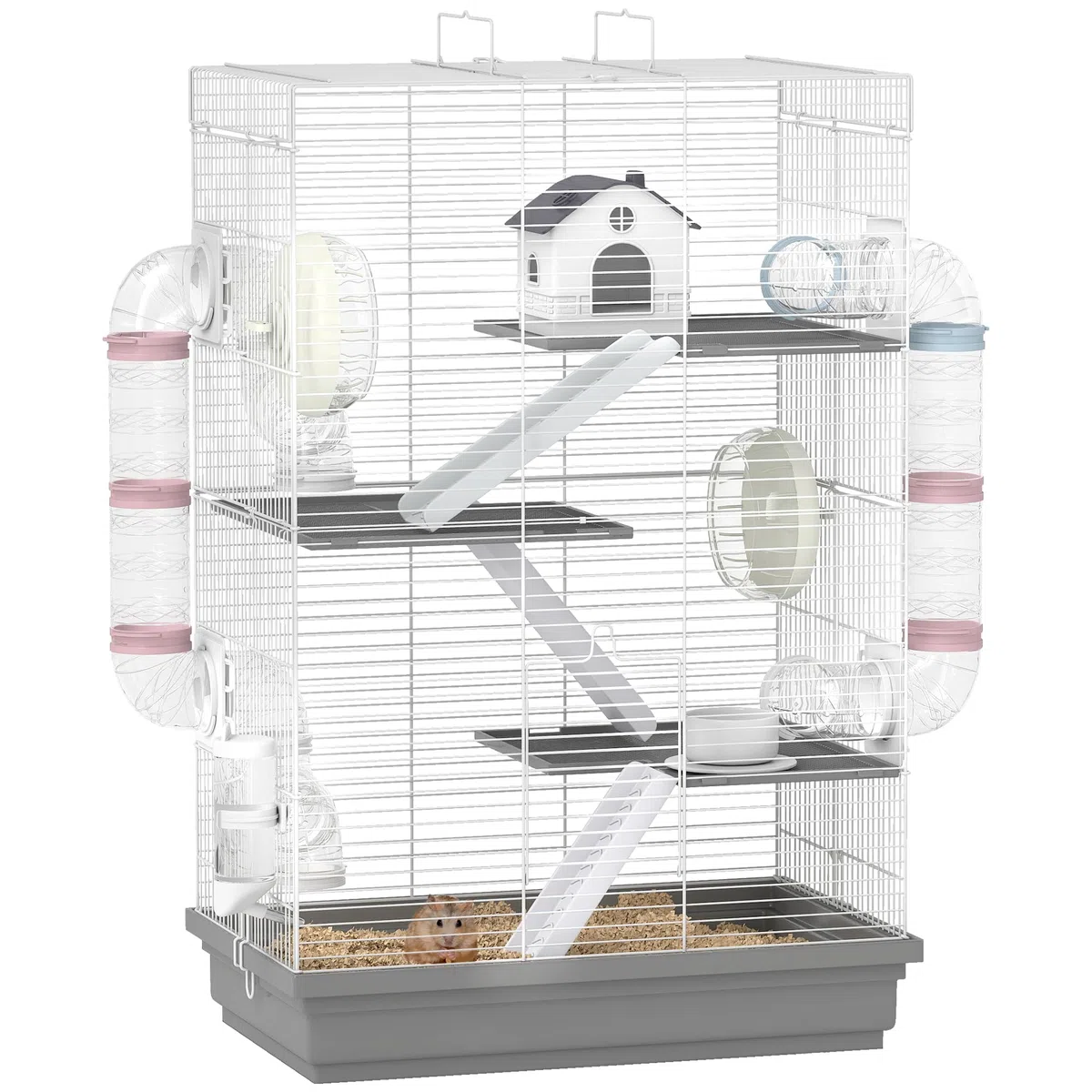 PawHut Jaula para Hámster, 47x30x70 cm, Casa para Animales Pequeños con Túnel, Plataformas, Cuenco, Bebedero, Casita, Rampas y Rueda de Ejercicio, para Hámsteres Enanos, Jerbos, Gris